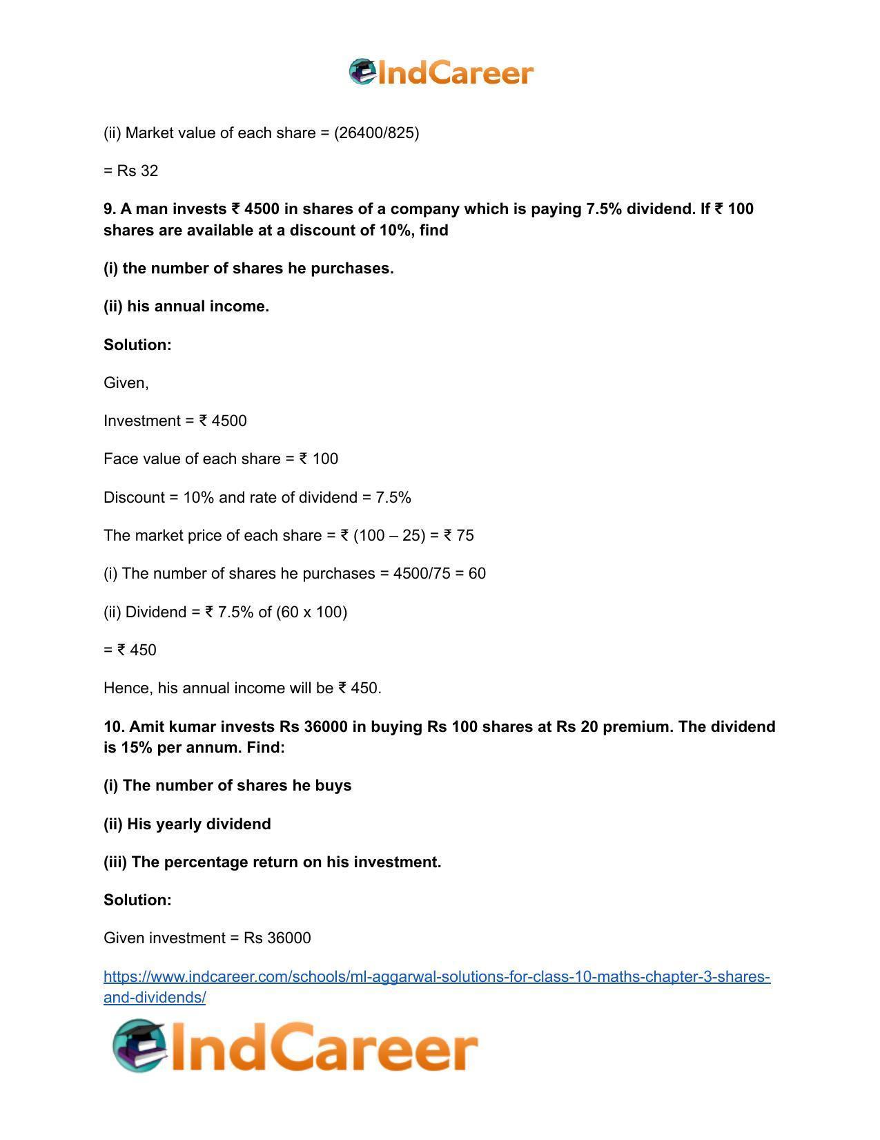 ML Aggarwal Solutions for Class 10 Maths Chapter 3- Shares and Dividends - Page 7