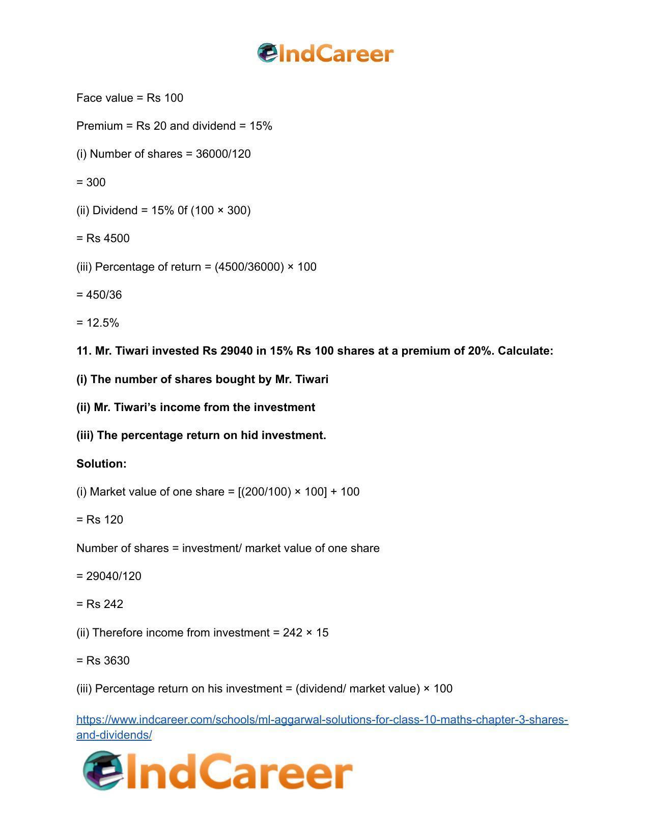 ML Aggarwal Solutions for Class 10 Maths Chapter 3- Shares and Dividends - Page 8