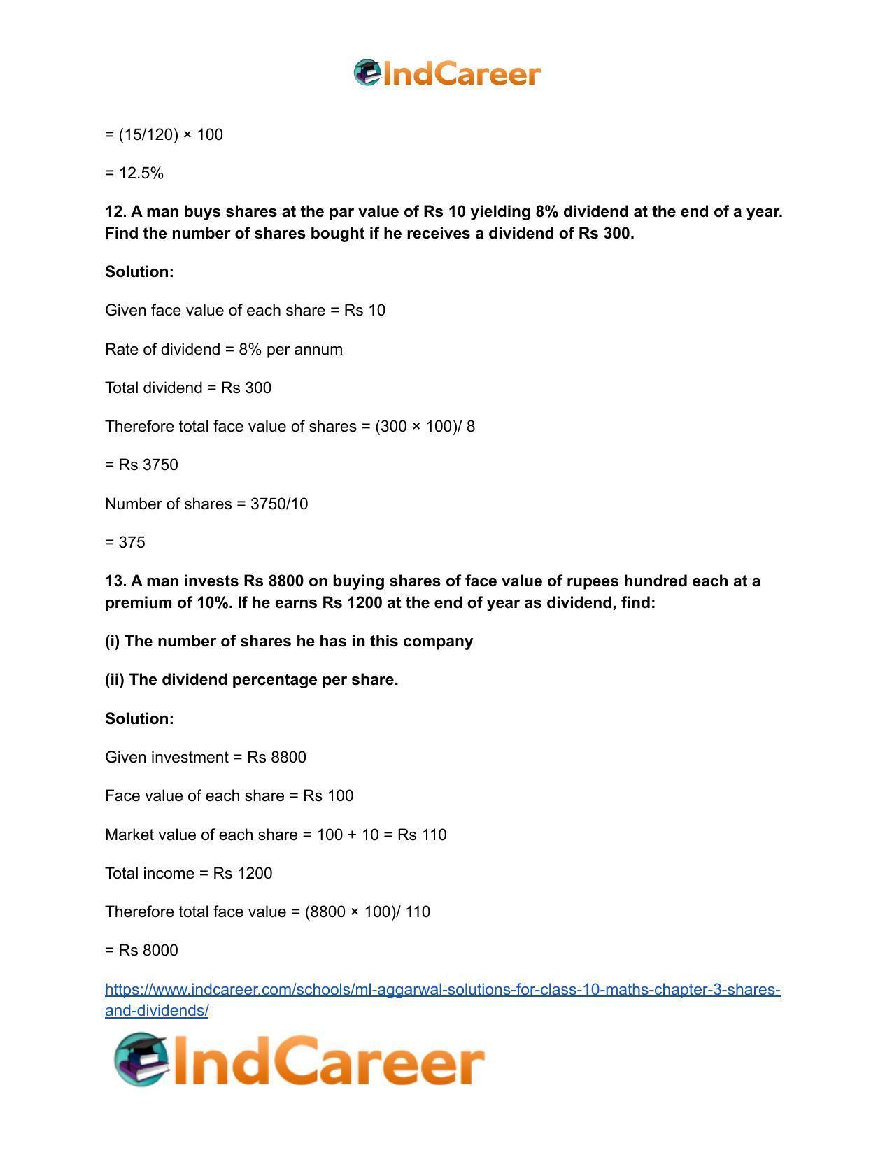 ML Aggarwal Solutions for Class 10 Maths Chapter 3- Shares and Dividends - Page 9