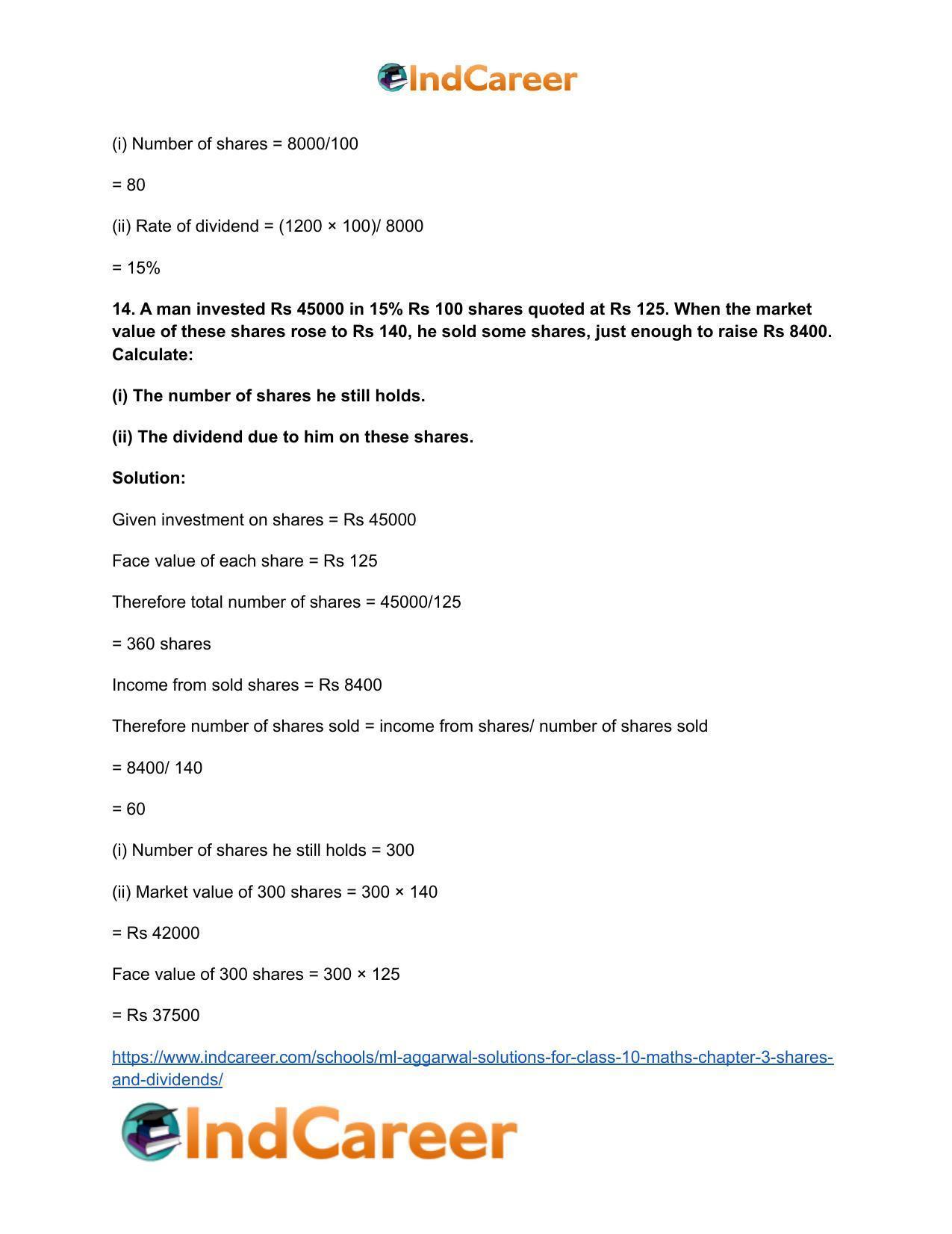 ML Aggarwal Solutions for Class 10 Maths Chapter 3- Shares and Dividends - Page 10