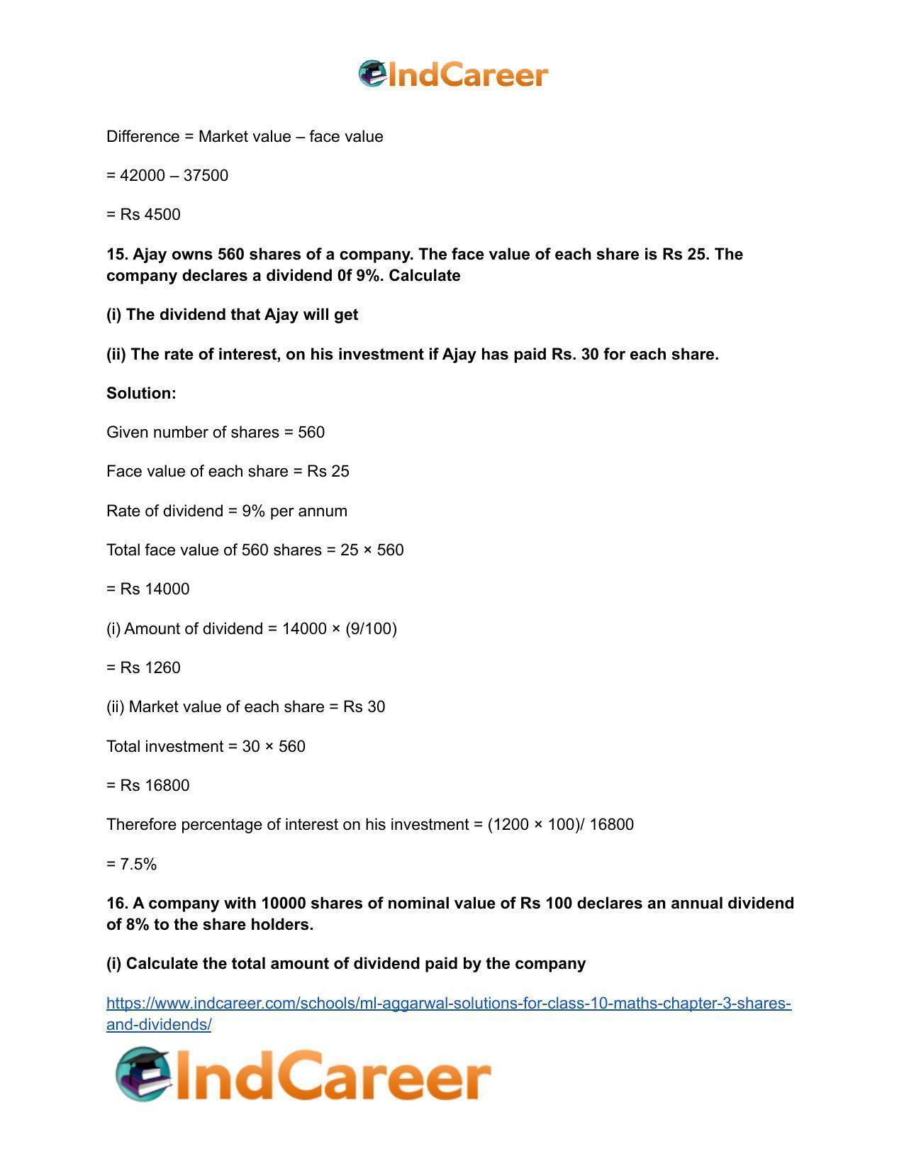 ML Aggarwal Solutions for Class 10 Maths Chapter 3- Shares and Dividends - Page 11