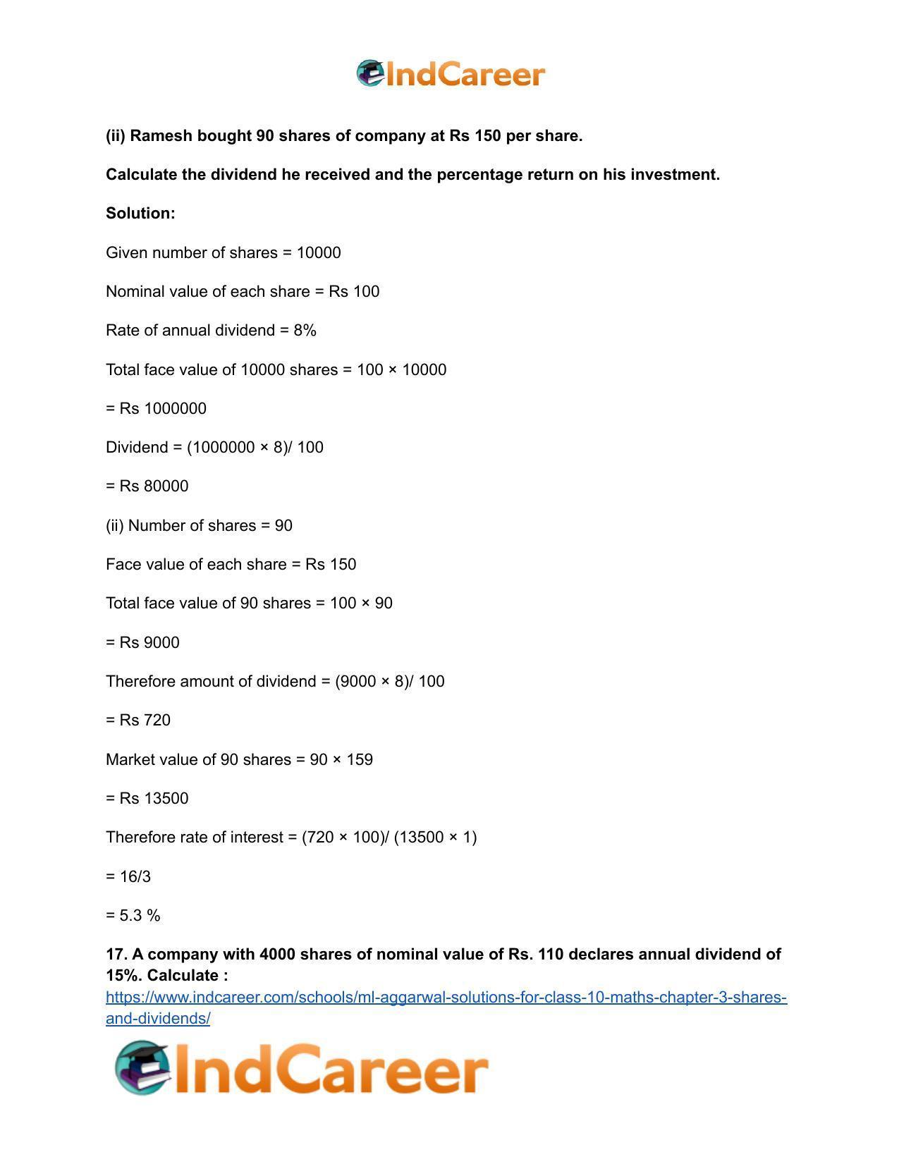 ML Aggarwal Solutions for Class 10 Maths Chapter 3- Shares and Dividends - Page 12