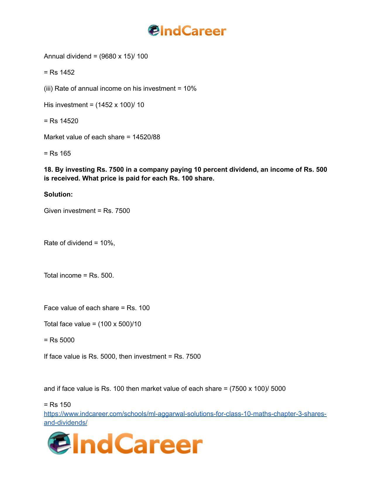 ML Aggarwal Solutions for Class 10 Maths Chapter 3- Shares and Dividends - Page 14