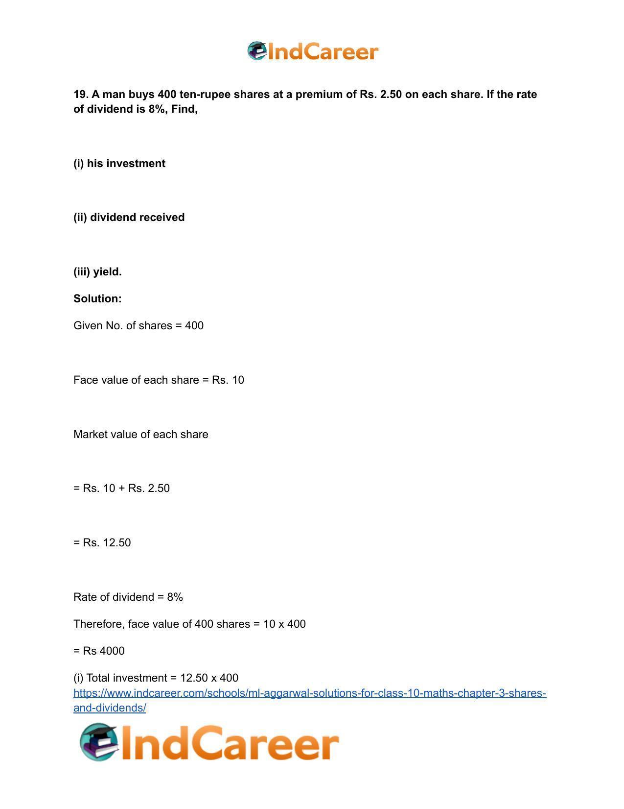 ML Aggarwal Solutions for Class 10 Maths Chapter 3- Shares and Dividends - Page 15