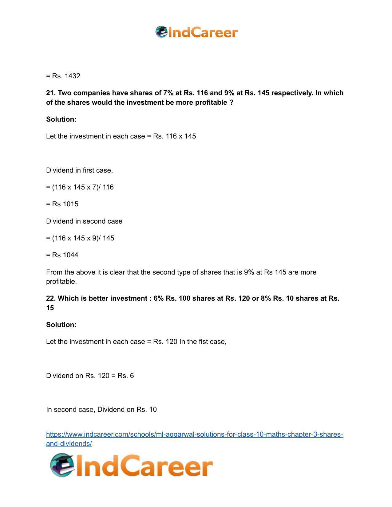 ML Aggarwal Solutions for Class 10 Maths Chapter 3- Shares and Dividends - Page 17