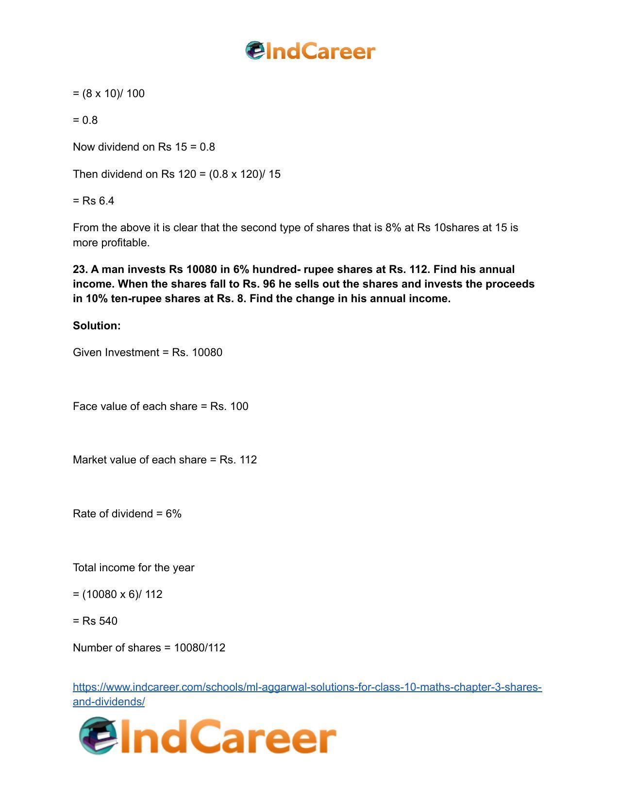 ML Aggarwal Solutions for Class 10 Maths Chapter 3- Shares and Dividends - Page 18