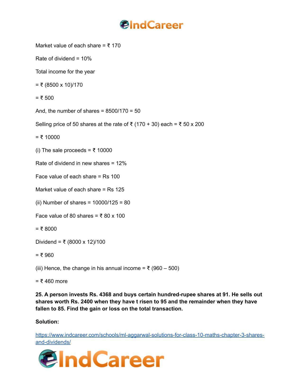 ML Aggarwal Solutions for Class 10 Maths Chapter 3- Shares and Dividends - Page 20