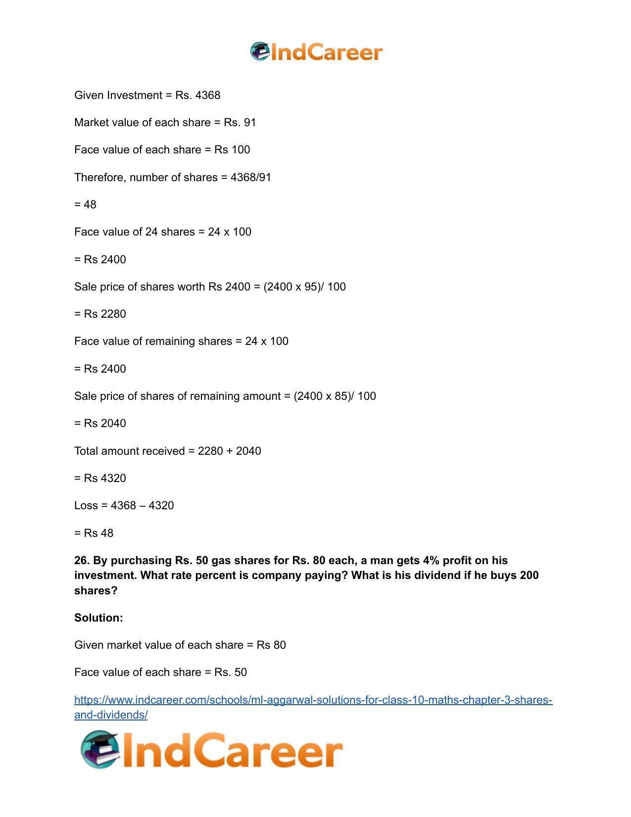 ML Aggarwal Solutions for Class 10 Maths Chapter 3- Shares and Dividends - Page 21
