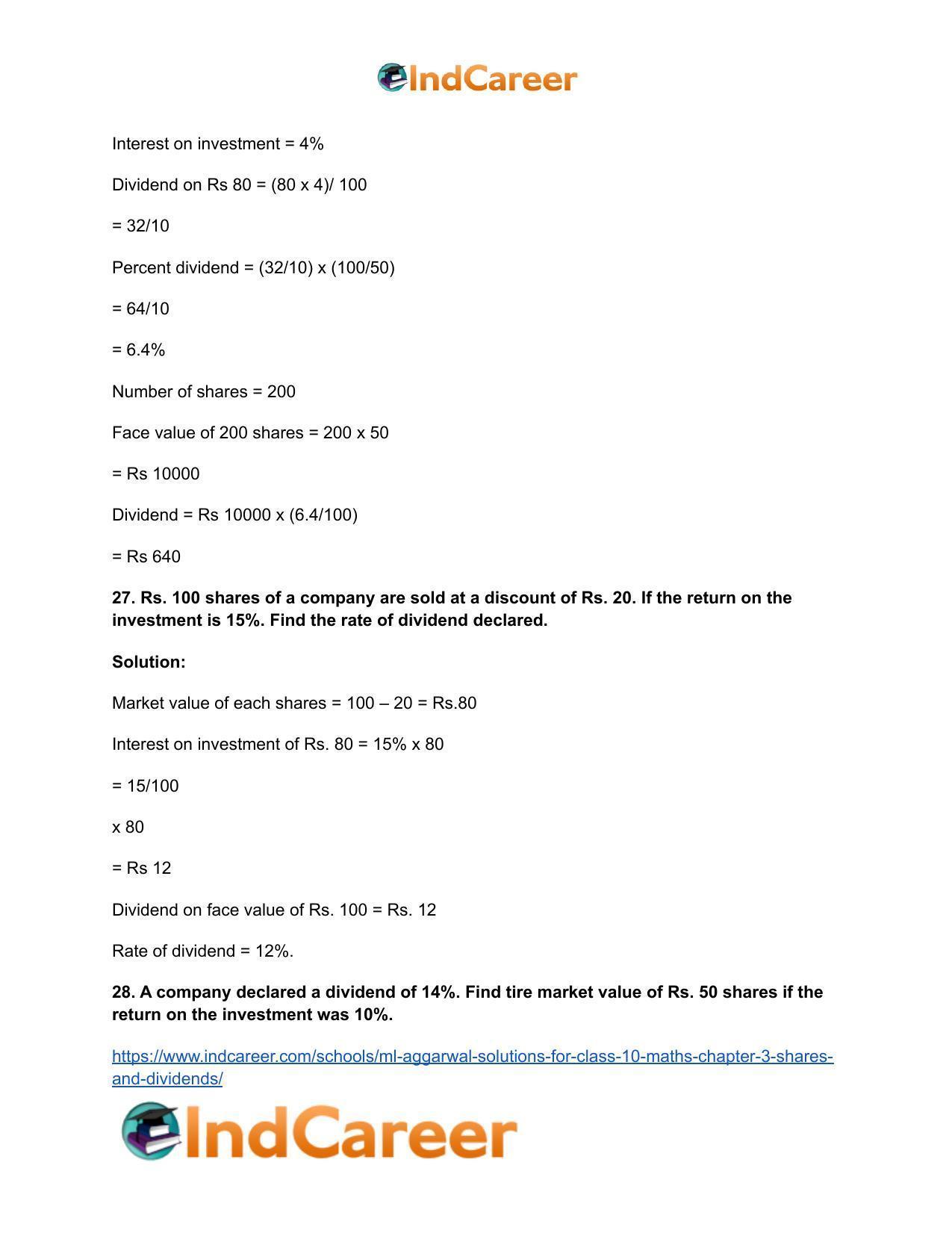 ML Aggarwal Solutions for Class 10 Maths Chapter 3- Shares and Dividends - Page 22
