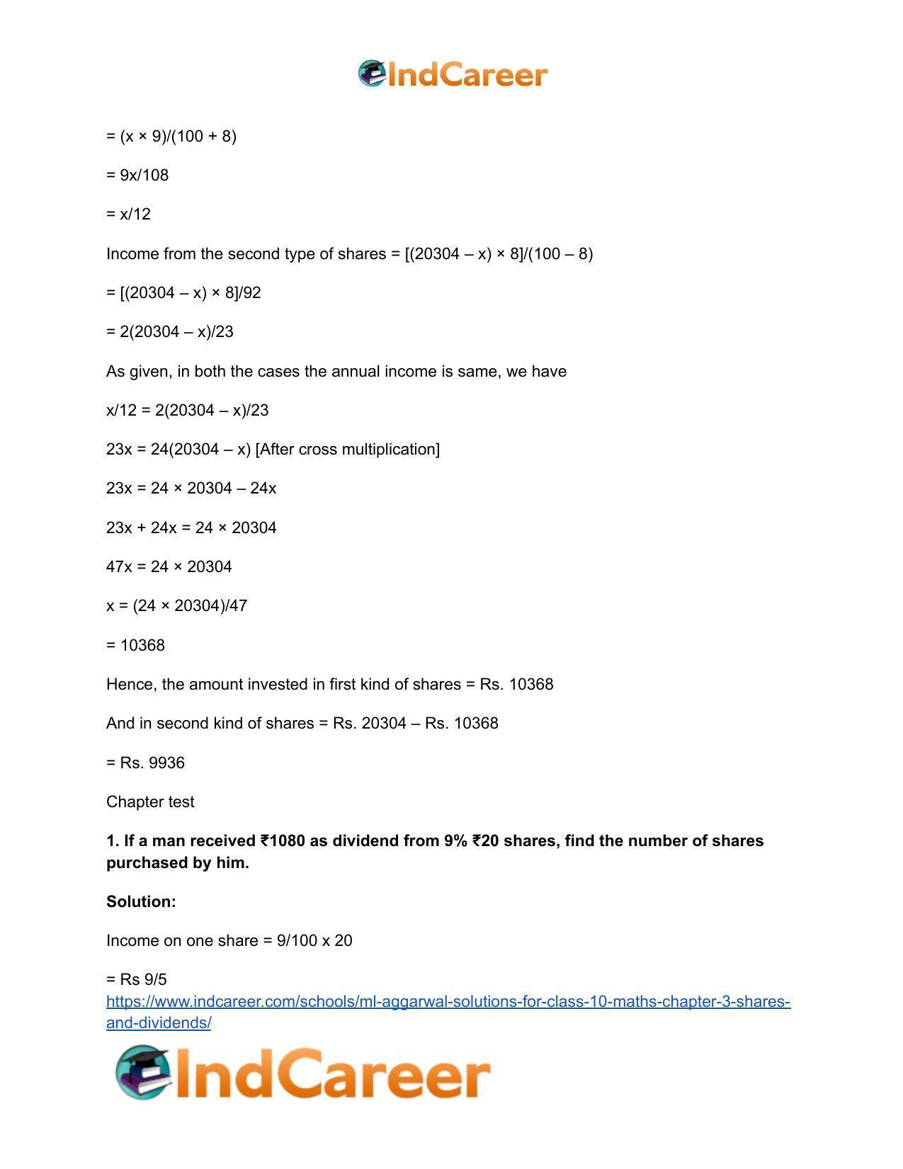 ML Aggarwal Solutions for Class 10 Maths Chapter 3- Shares and Dividends - Page 27
