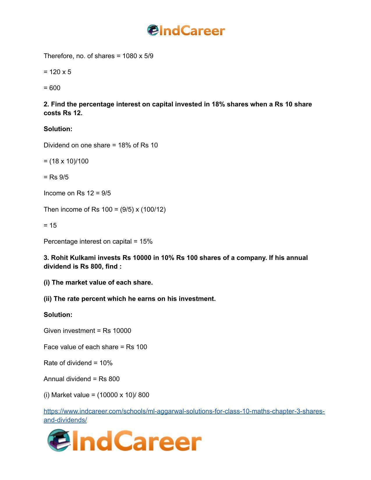 ML Aggarwal Solutions for Class 10 Maths Chapter 3- Shares and Dividends - Page 28