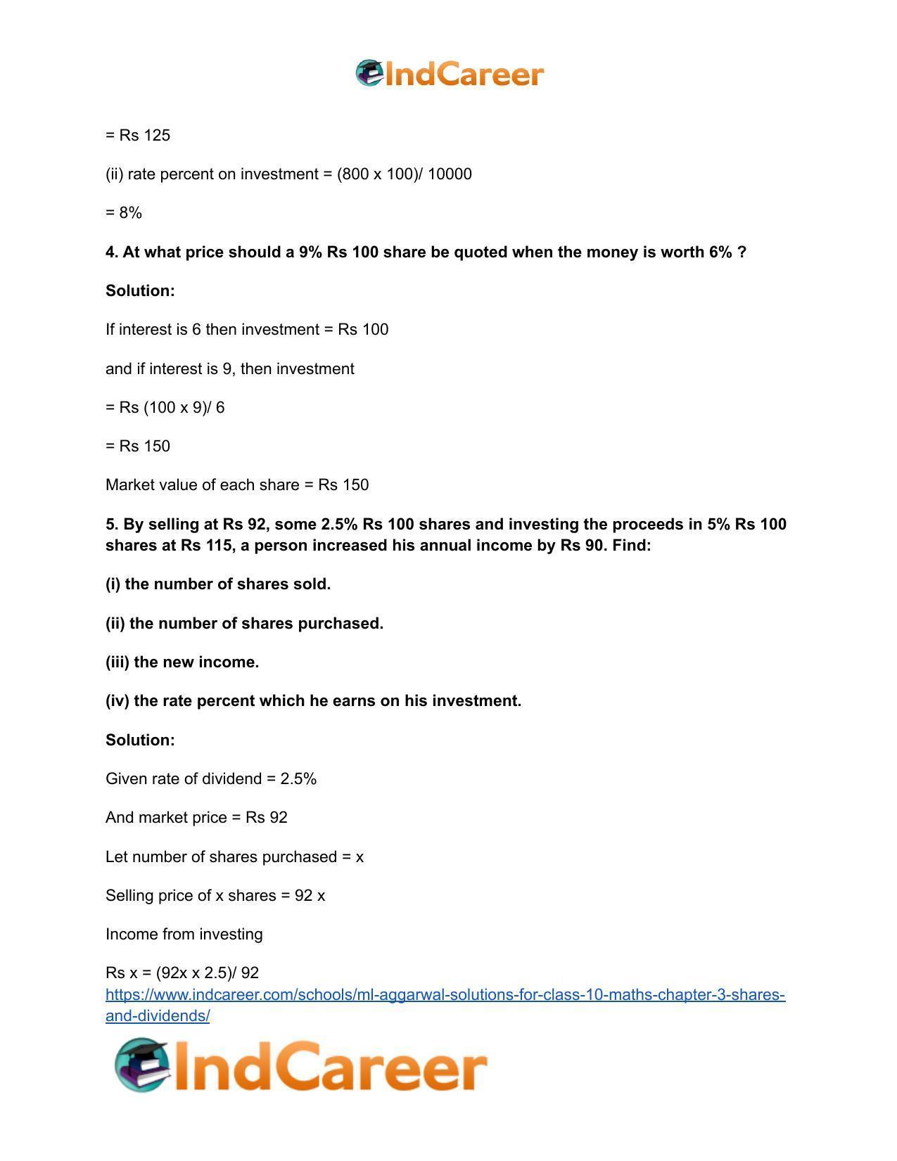 ML Aggarwal Solutions for Class 10 Maths Chapter 3- Shares and Dividends - Page 29