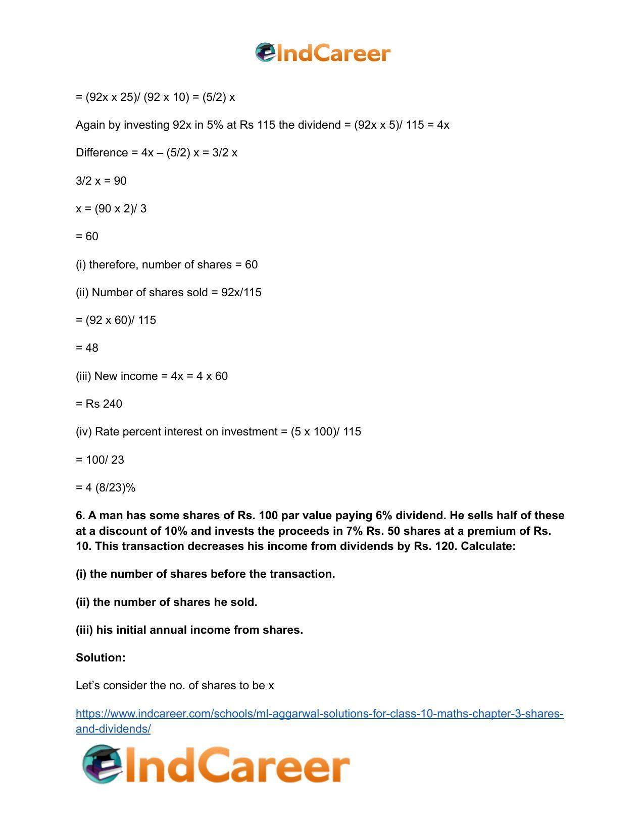ML Aggarwal Solutions for Class 10 Maths Chapter 3- Shares and Dividends - Page 30