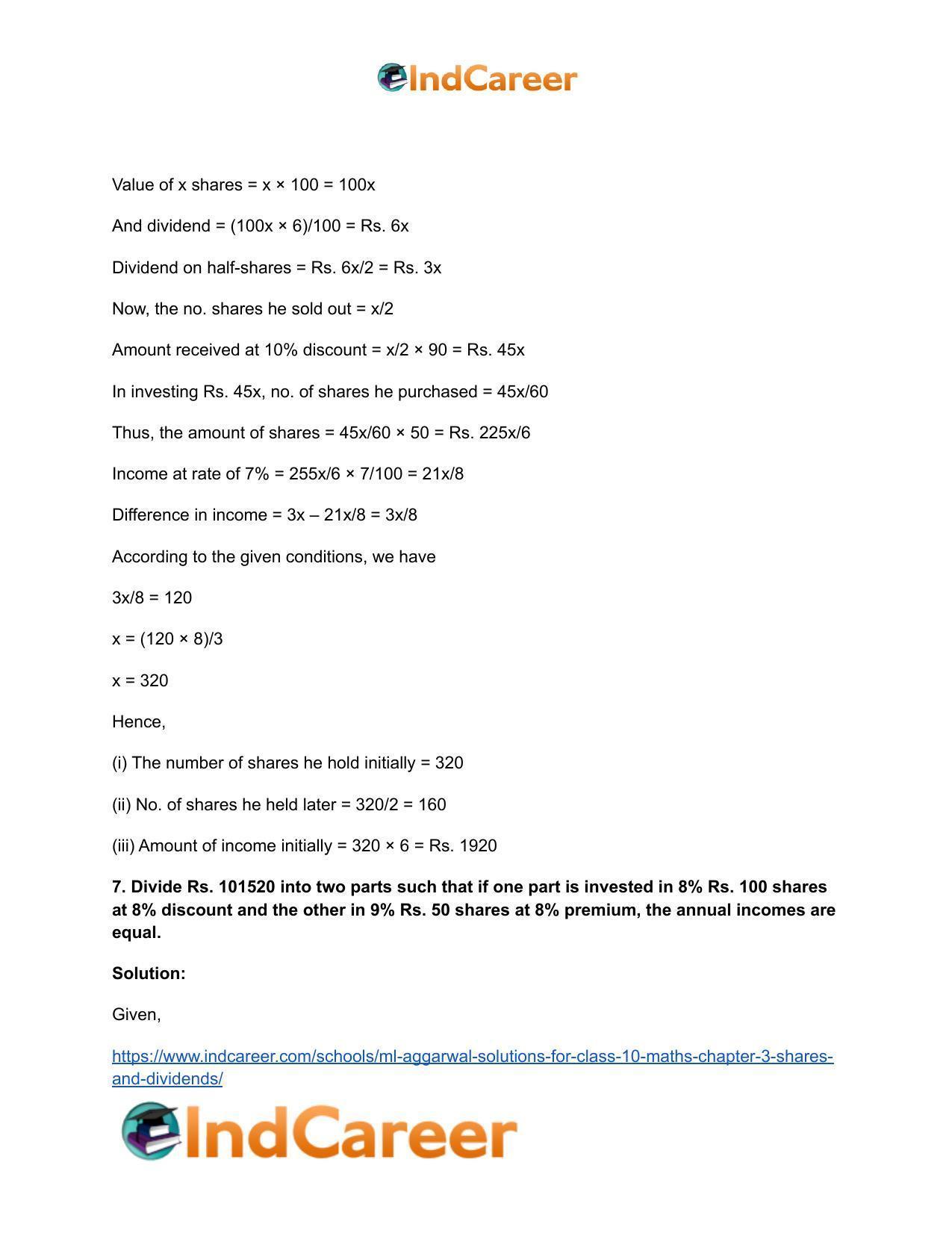 ML Aggarwal Solutions for Class 10 Maths Chapter 3- Shares and Dividends - Page 31