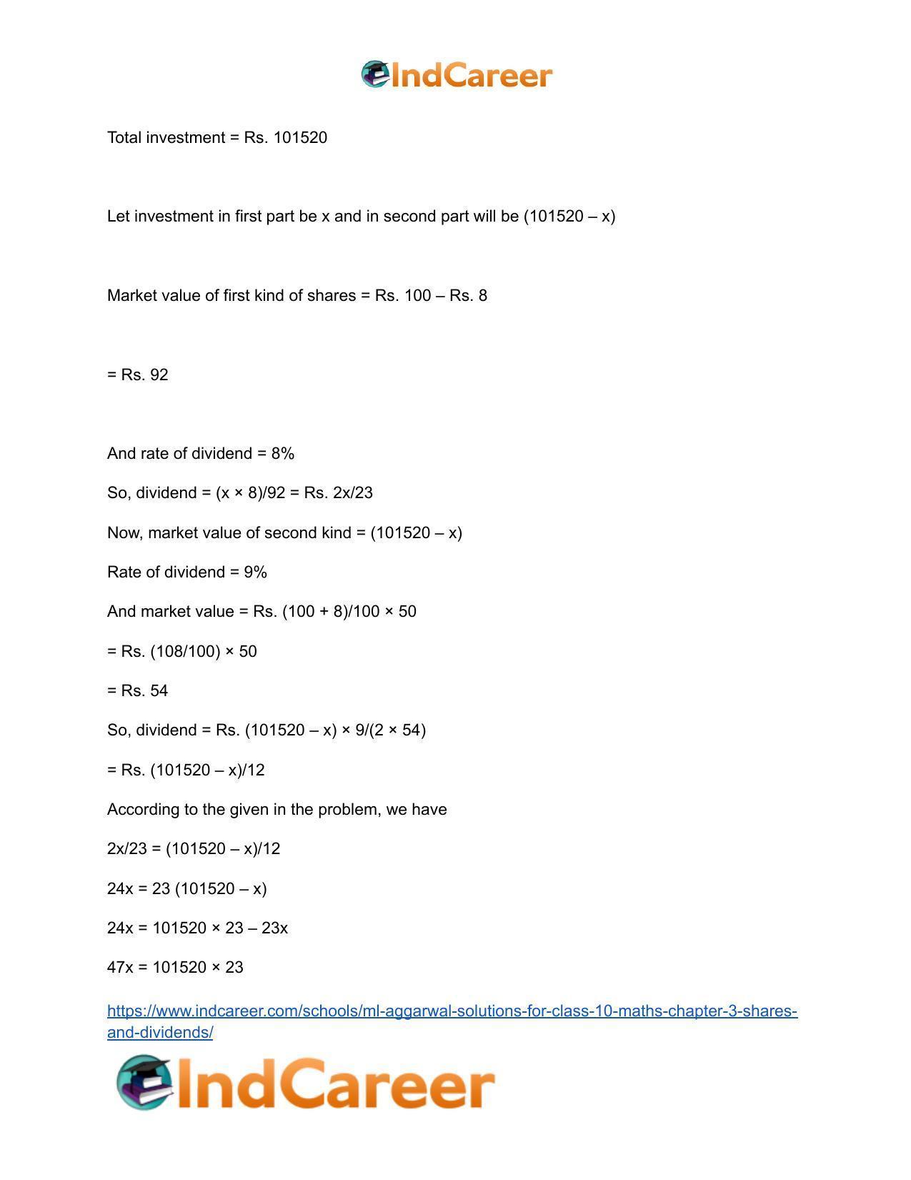 ML Aggarwal Solutions for Class 10 Maths Chapter 3- Shares and Dividends - Page 32