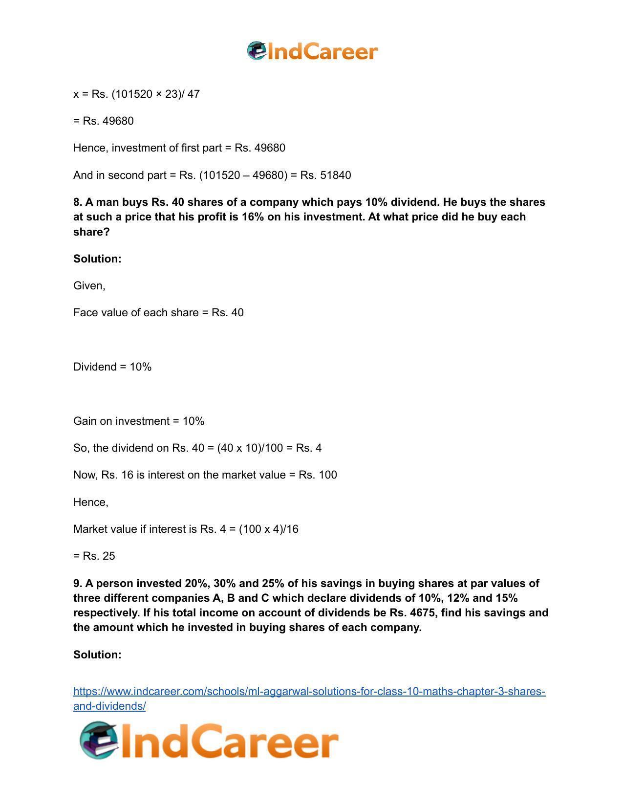 ML Aggarwal Solutions for Class 10 Maths Chapter 3- Shares and Dividends - Page 33