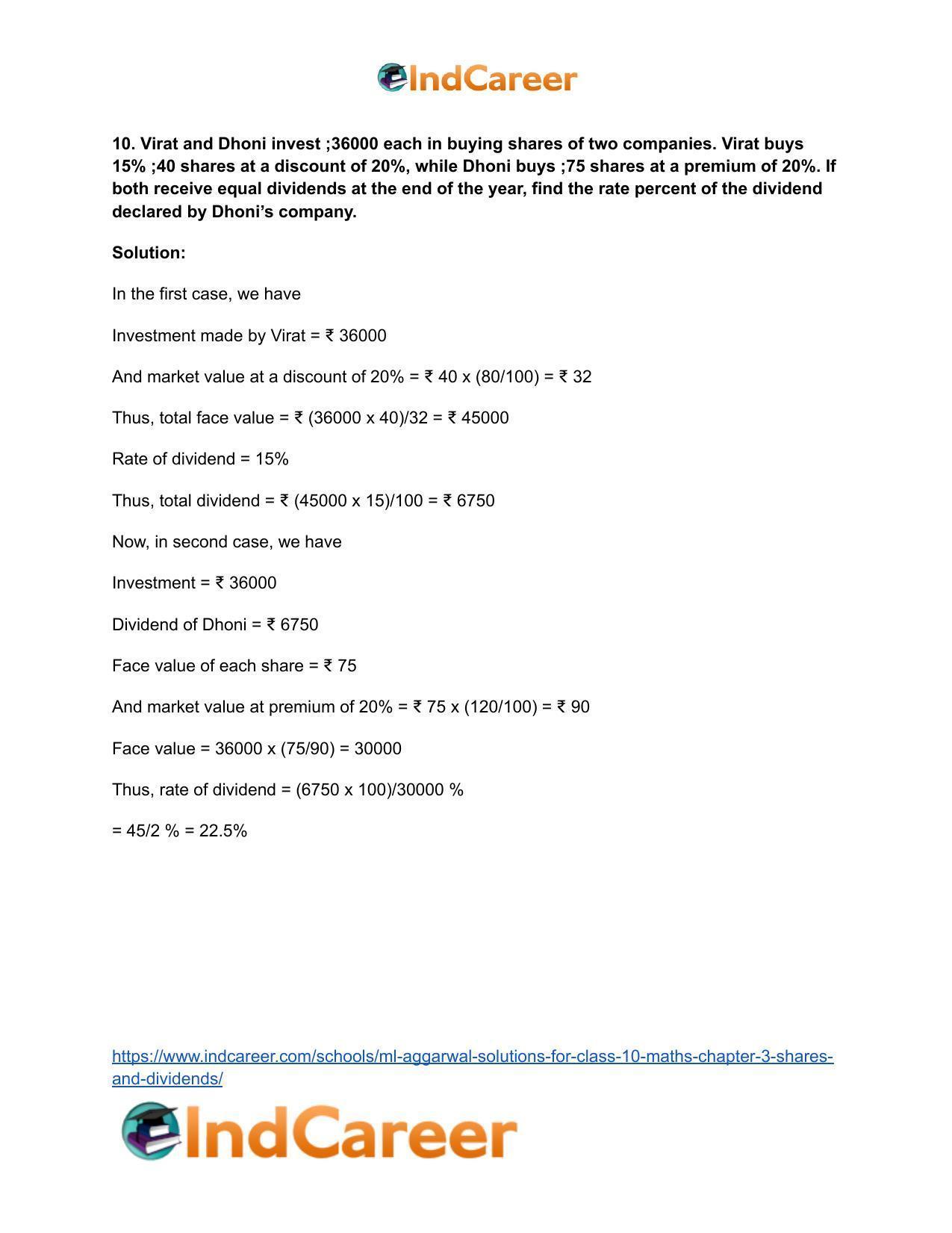 ML Aggarwal Solutions for Class 10 Maths Chapter 3- Shares and Dividends - Page 35