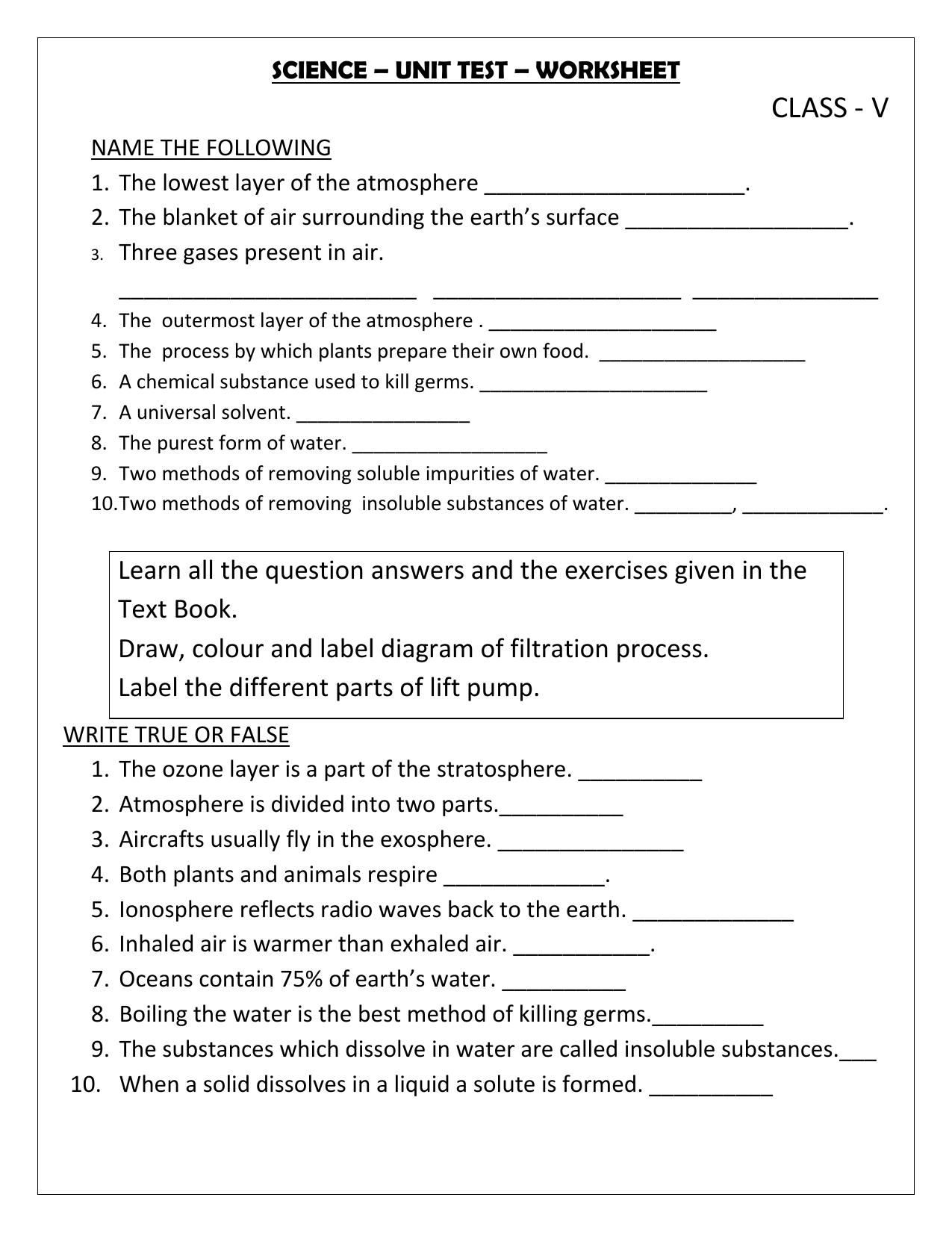 Worksheet for Class 5 Science Assignment 19 - Page 1
