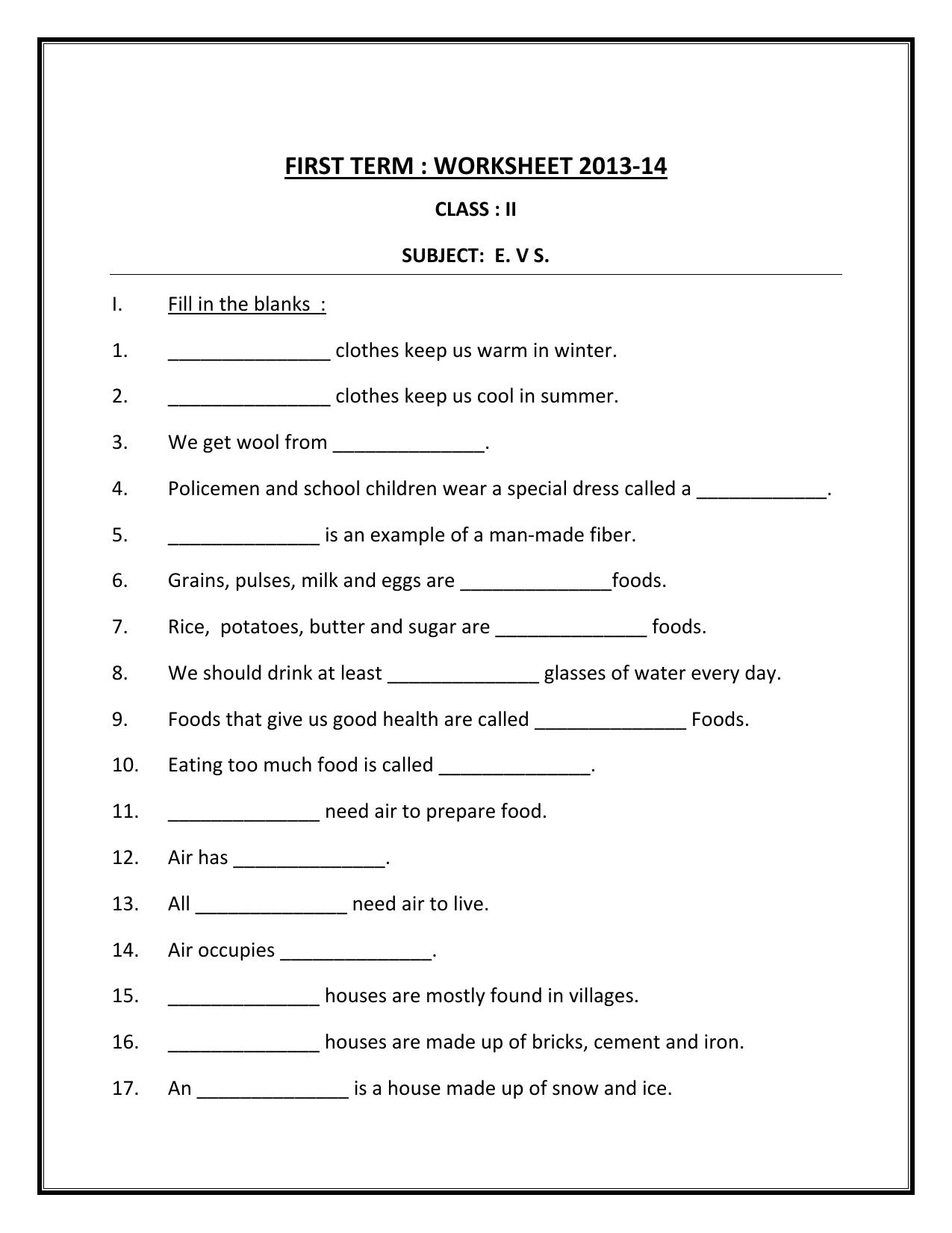 Practical Worksheets for Class 2 EVS Assignment - Page 1