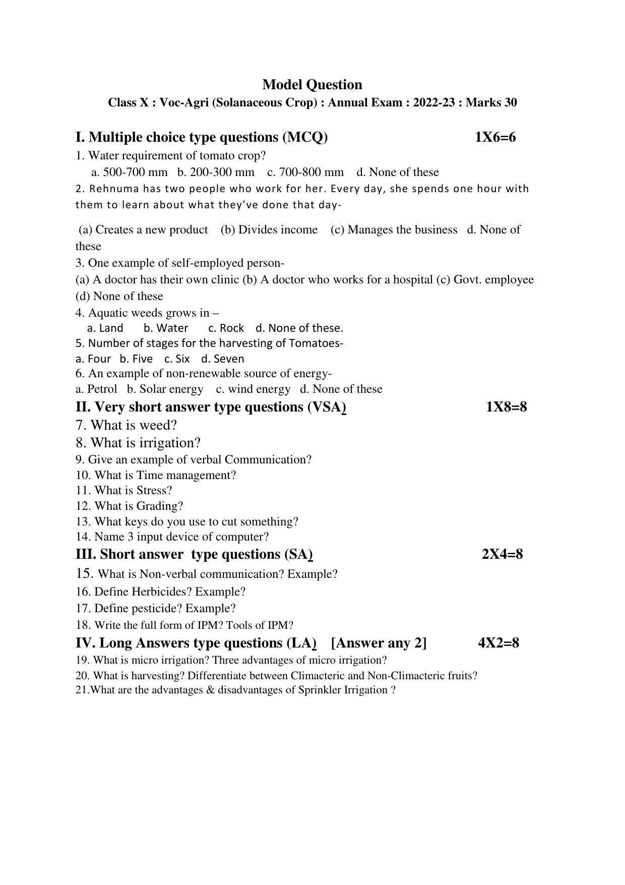 Tripura Board Class 10th Vocational (Theo & Prac) Model Question Paper 2023 - Page 3