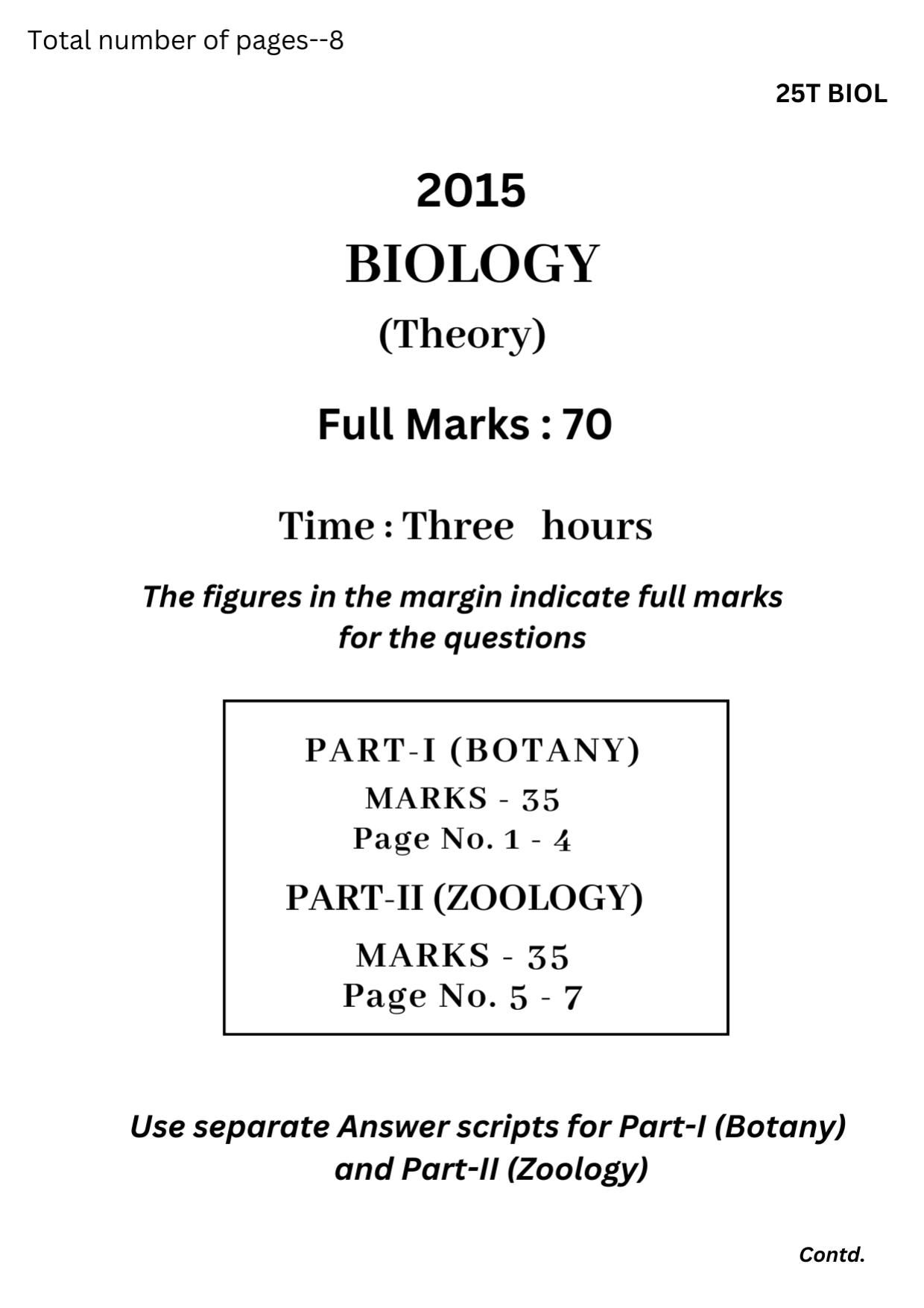 Assam HS 2nd Year Biology 2015 Question Paper - Page 1