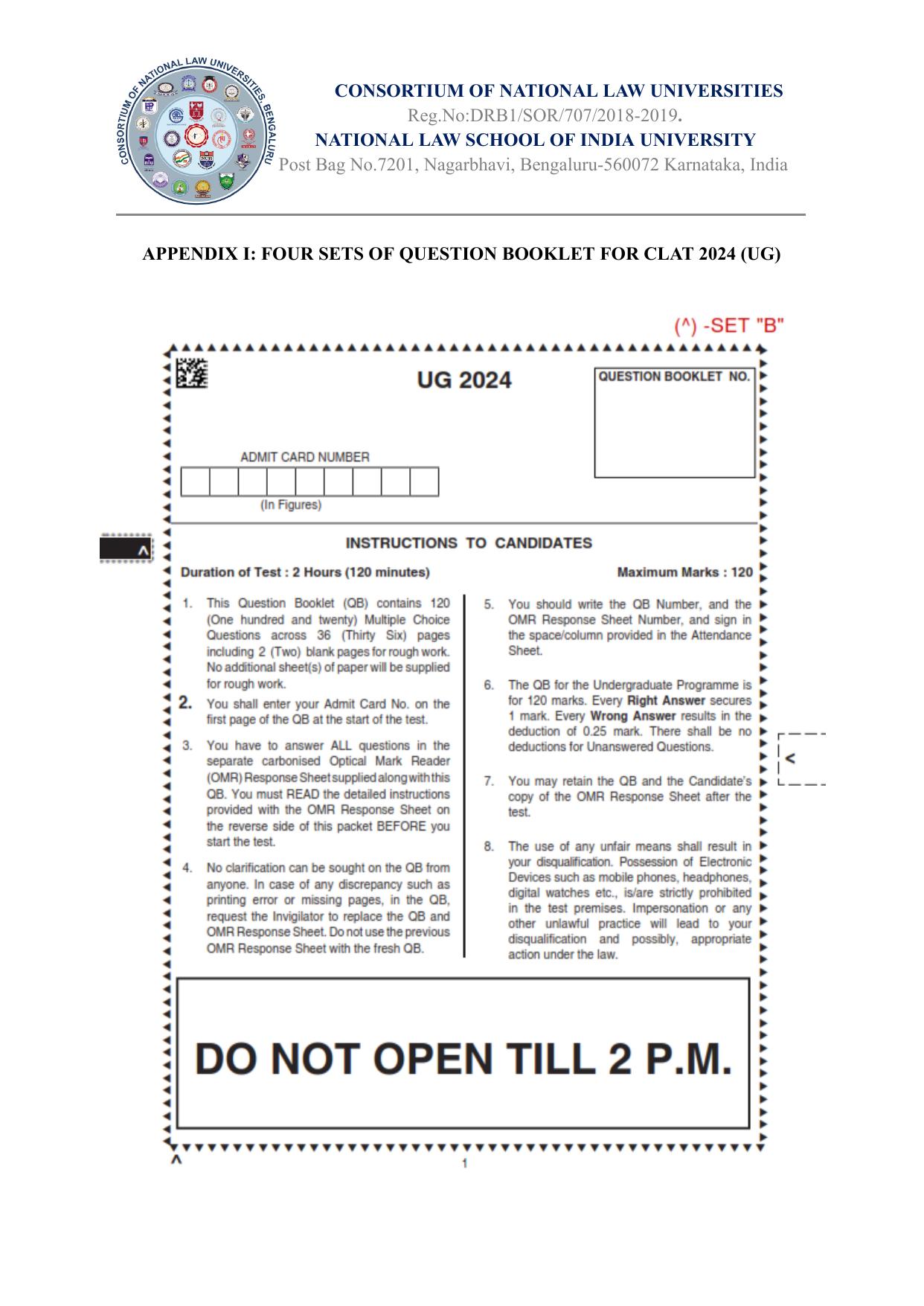 CLAT 2024 UG SET B Question Paper - Page 1