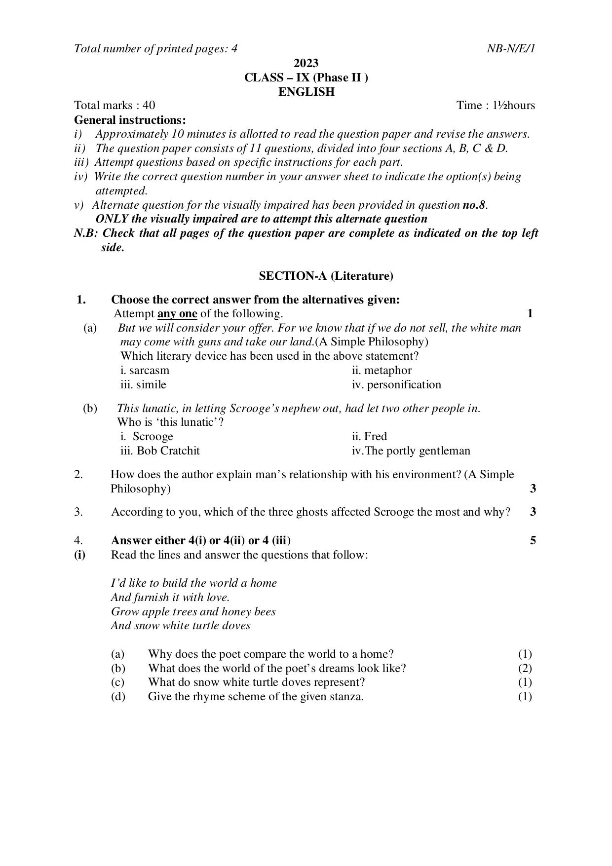 NBSE Class IX Final Examination 2023 Phase 2 Question Paper (All Subjects) - Page 1