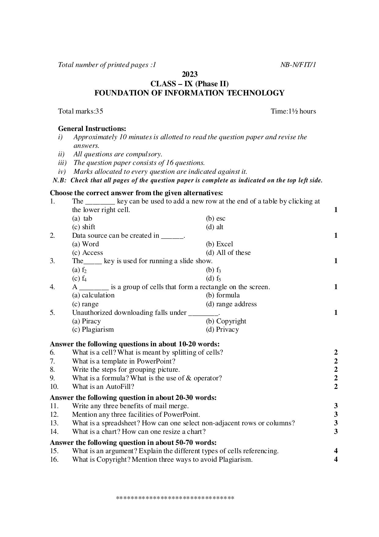 NBSE Class IX Final Examination 2023 Phase 2 Question Paper (All Subjects) - Page 34