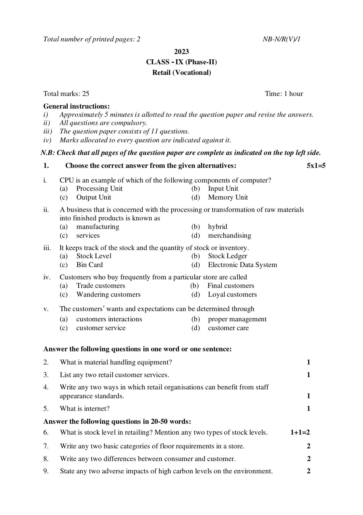 NBSE Class IX Final Examination 2023 Phase 2 Question Paper (All Subjects) - Page 41