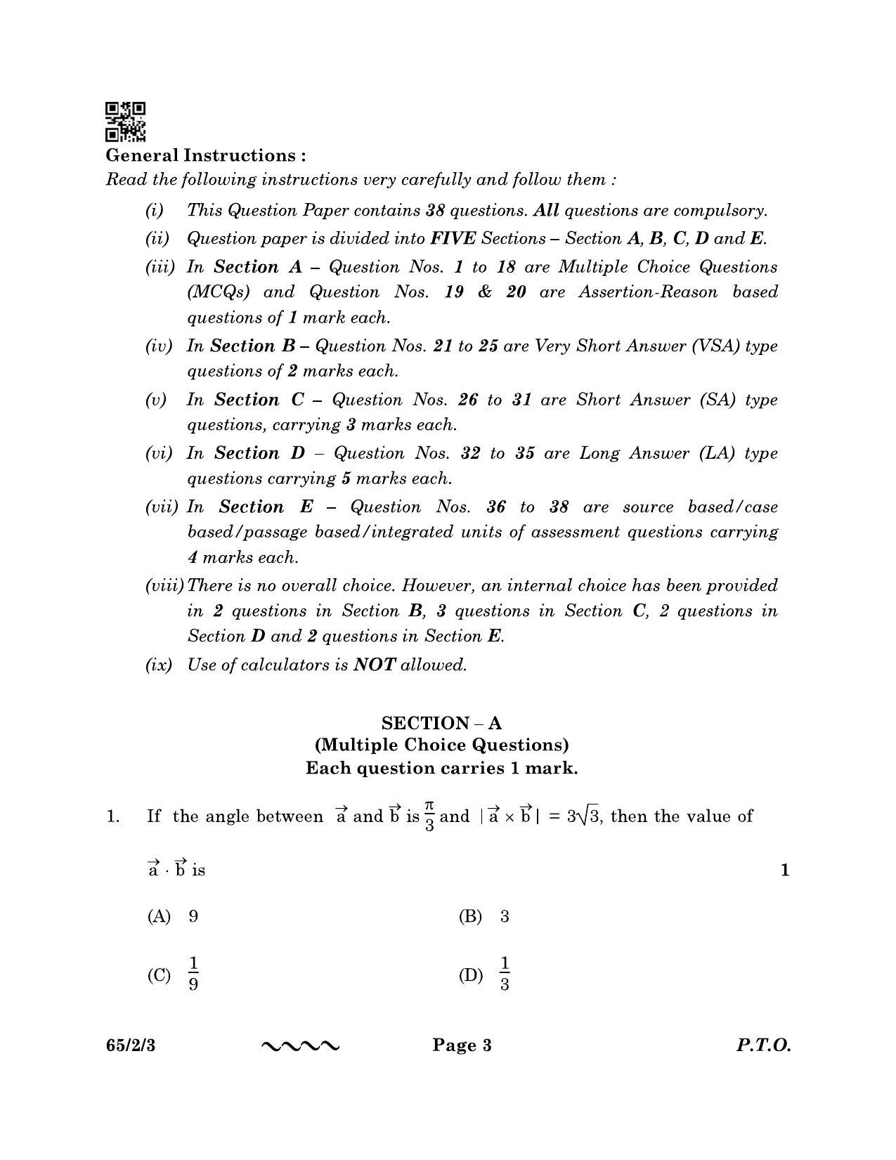 CBSE Class 12 65-2-3 MATHEMATICS 2023 Question Paper - Page 3