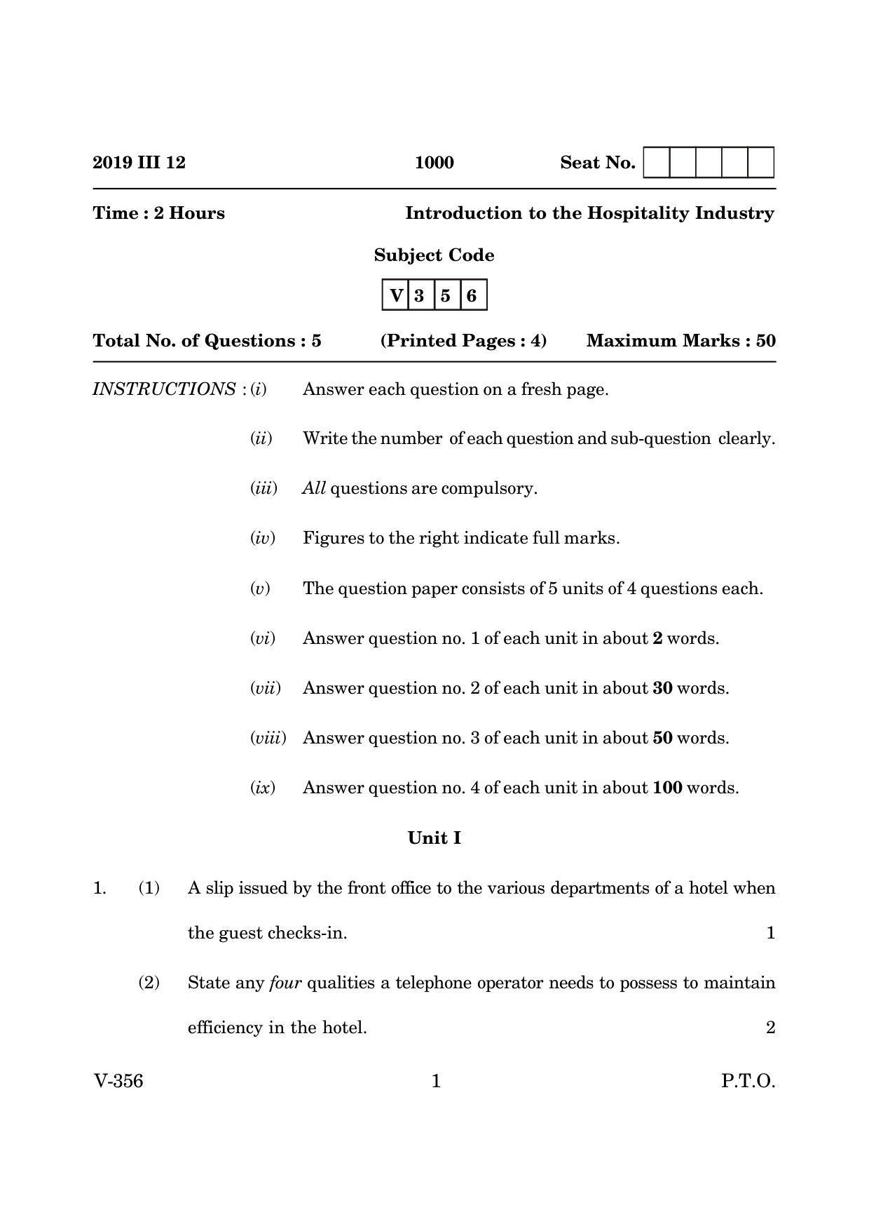 Goa Board Class 12 Introduction to Hospitality Industry 2019 (March 2019) Question Paper - Page 1