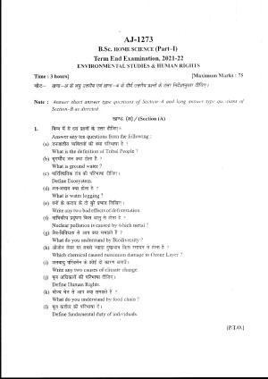 Bilaspur University Question Paper 2021-2022:B.Sc. Home Science Part-III FC: Environmental Studies & Human Righta Paper 1