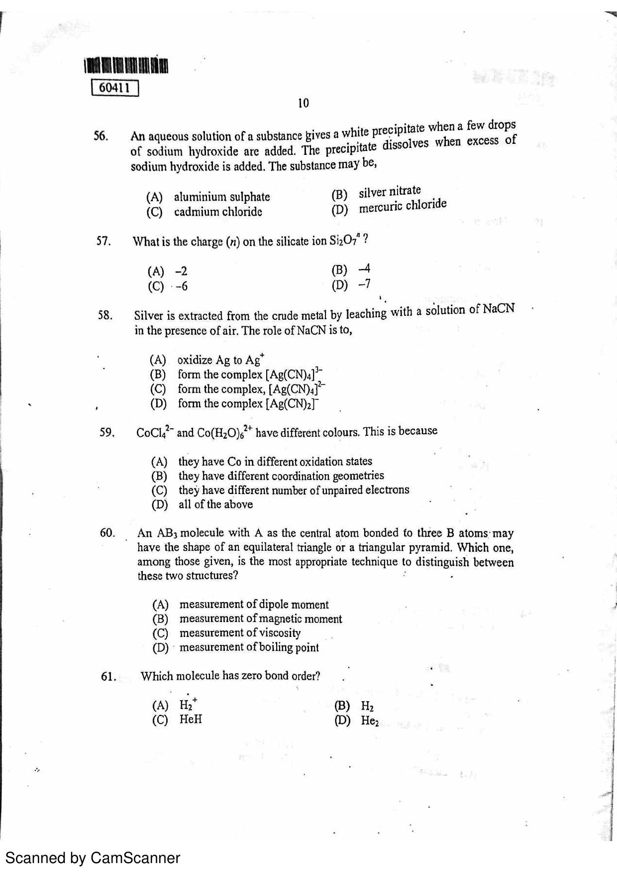 CUSAT CAT 2011 Chemistry Question Paper - Page 11