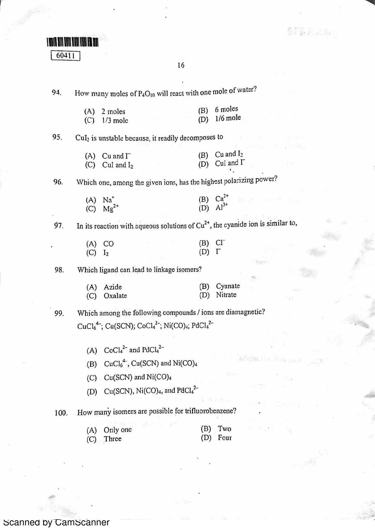 CUSAT CAT 2011 Chemistry Question Paper - Page 17