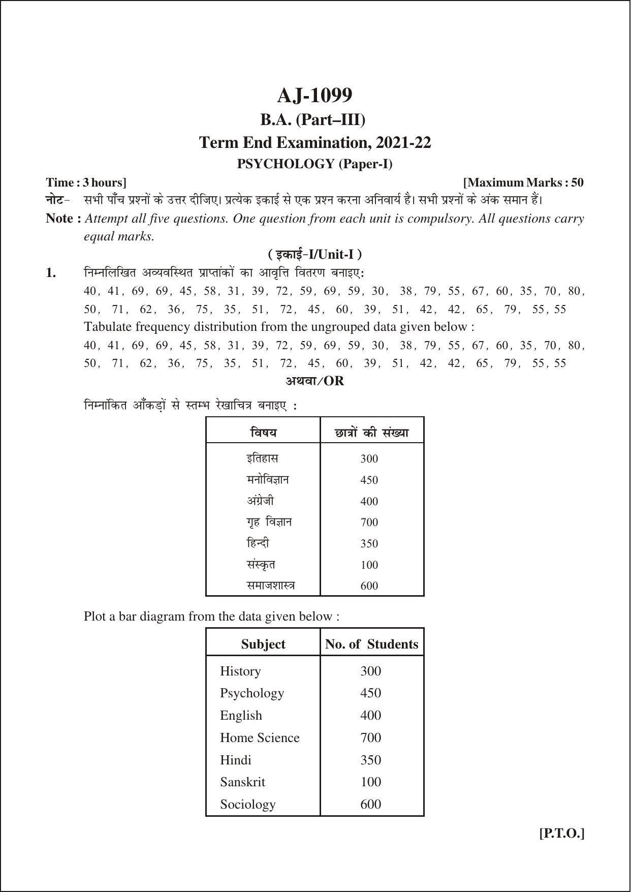 Bilaspur University Question Paper 2021-2022:B.A. Part-III (Three) Psychology Paper 1 - Page 1
