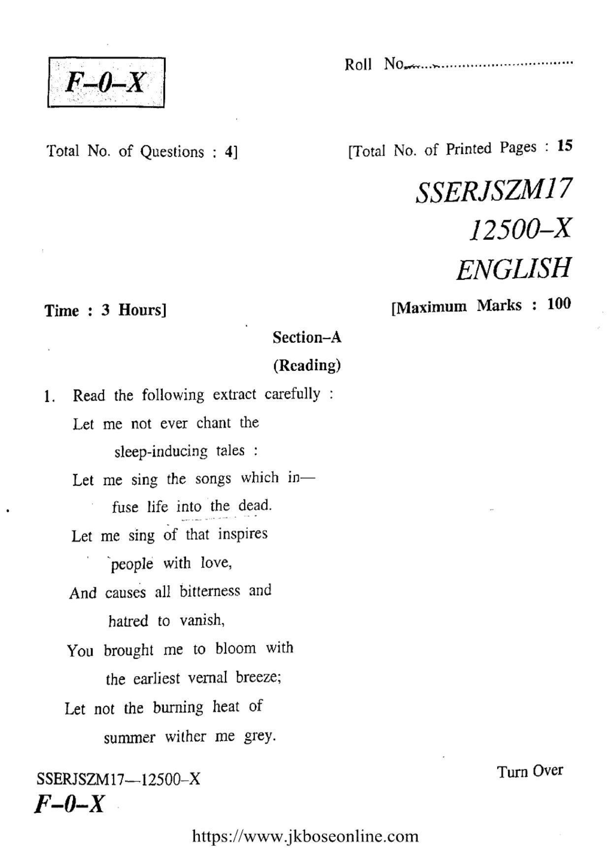 JKBOSE Class 12 English Question Papers 2017 (12500-X) - Page 1