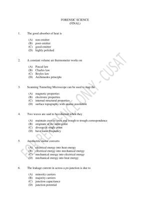 CUSAT CAT 2023 MSC Forensic Science Question Paper