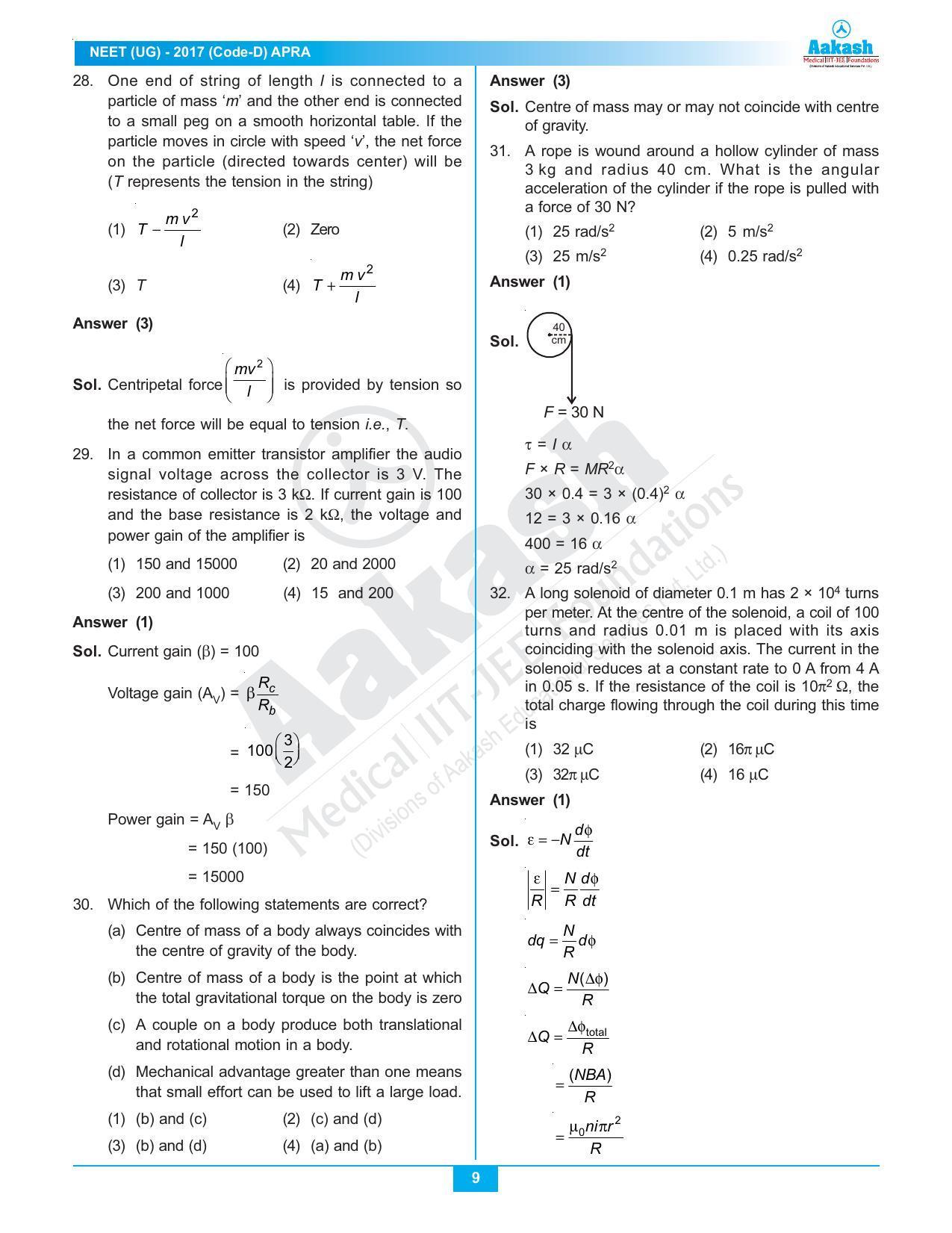  NEET Code D 2017 Answer & Solutions - Page 9