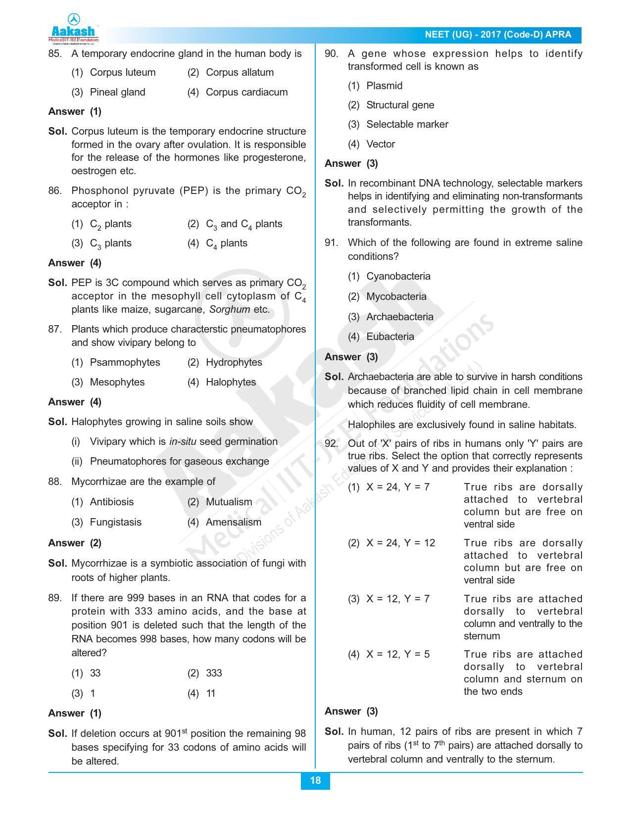 NEET Code D 2017 Answer & Solutions - Page 18