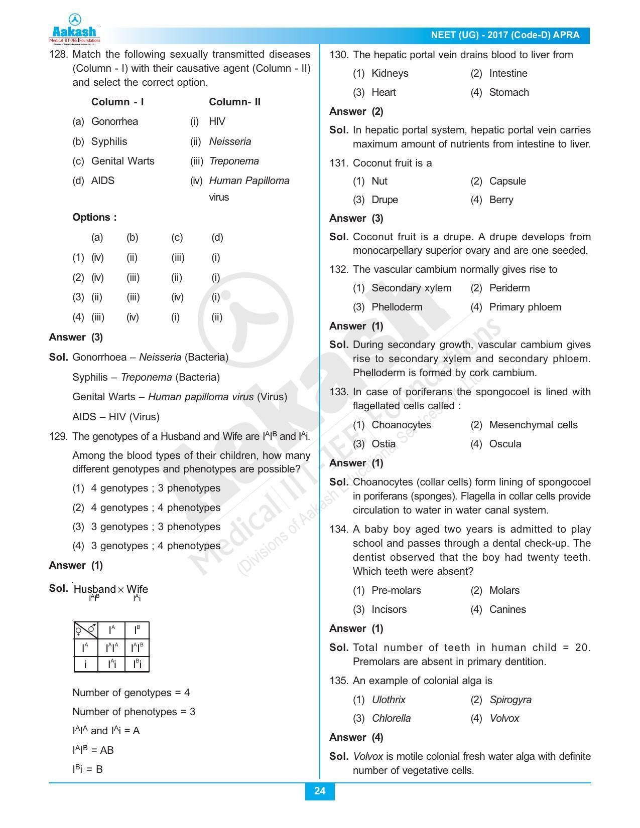  NEET Code D 2017 Answer & Solutions - Page 24