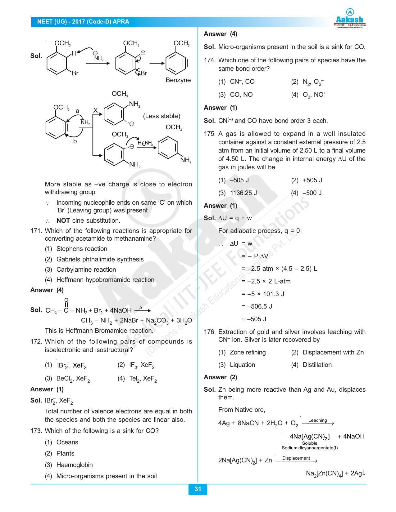  NEET Code D 2017 Answer & Solutions - Page 31