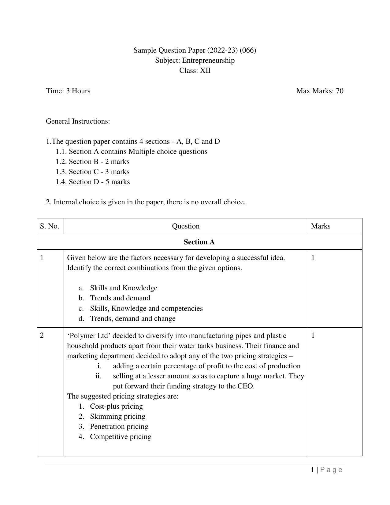 CBSE Class 12 Entrepreneurship Sample Paper 2023 - Page 1