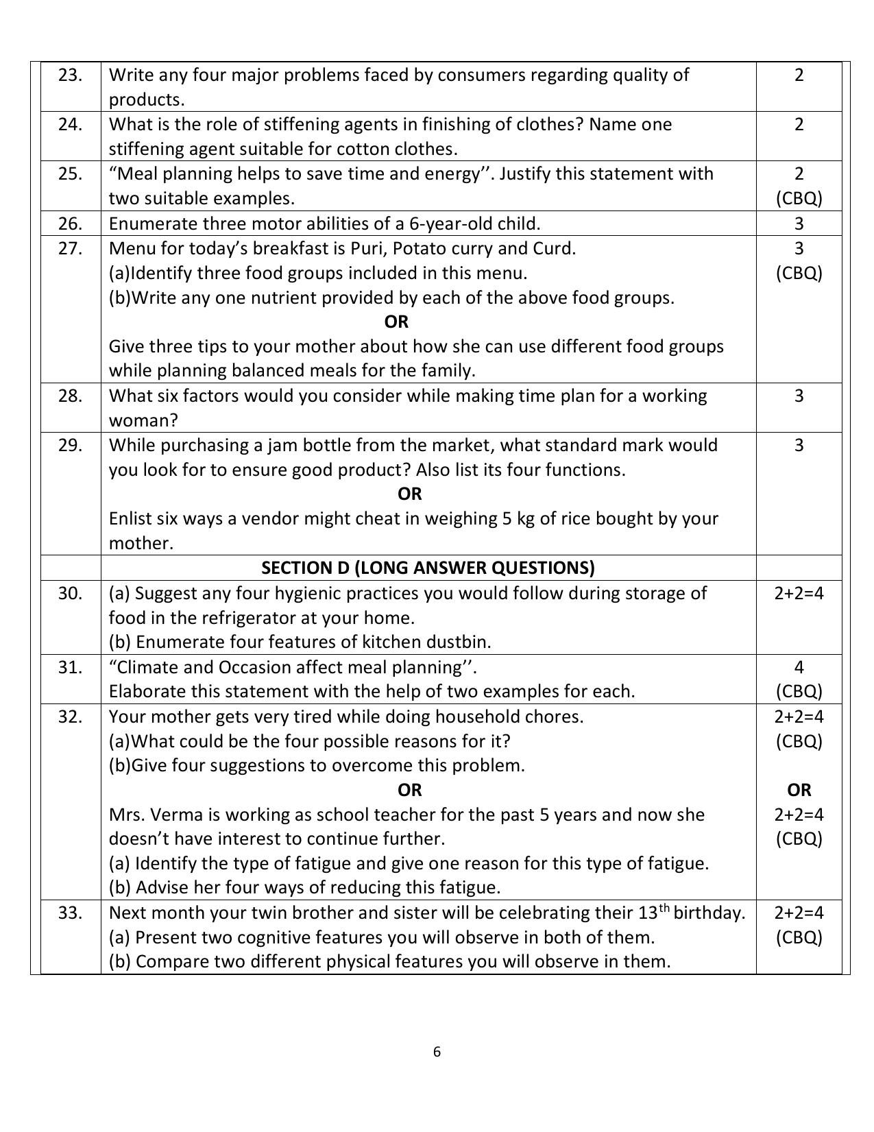 CBSE Class 10 Home Science Sample Paper 2025 - Page 6