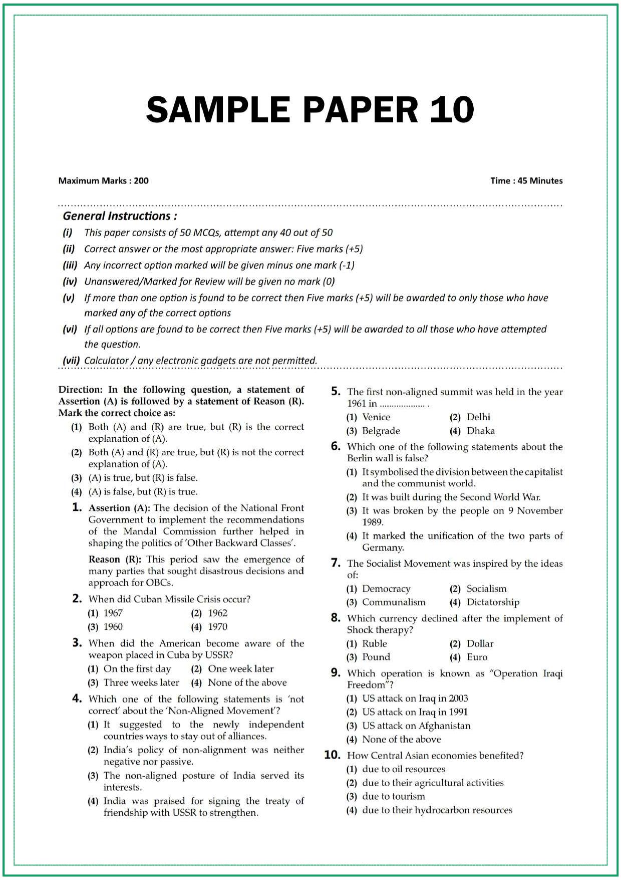 CUET Political Science Sample Paper 10 - Page 1