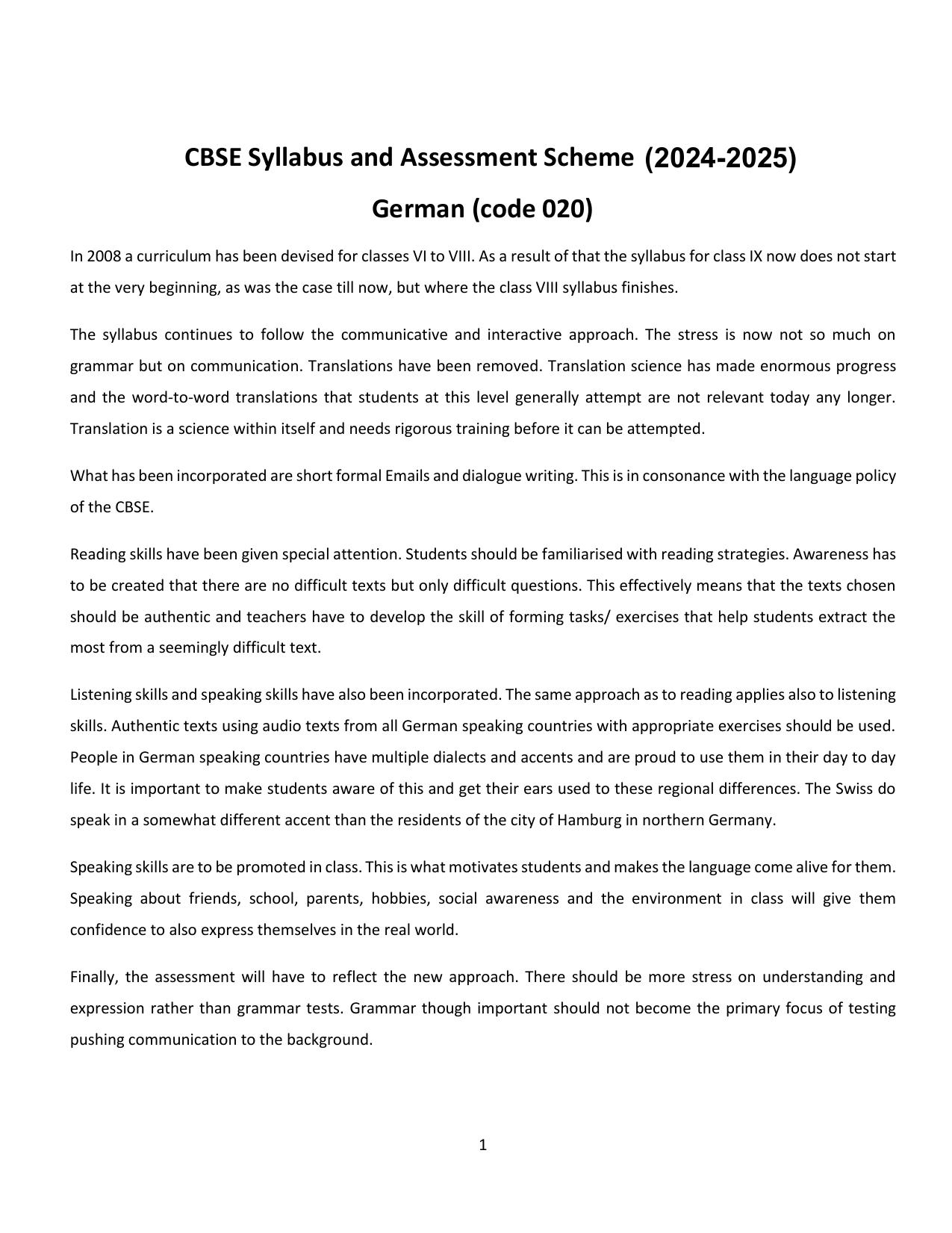CBSE Class IX & X German Syllabus - Page 1