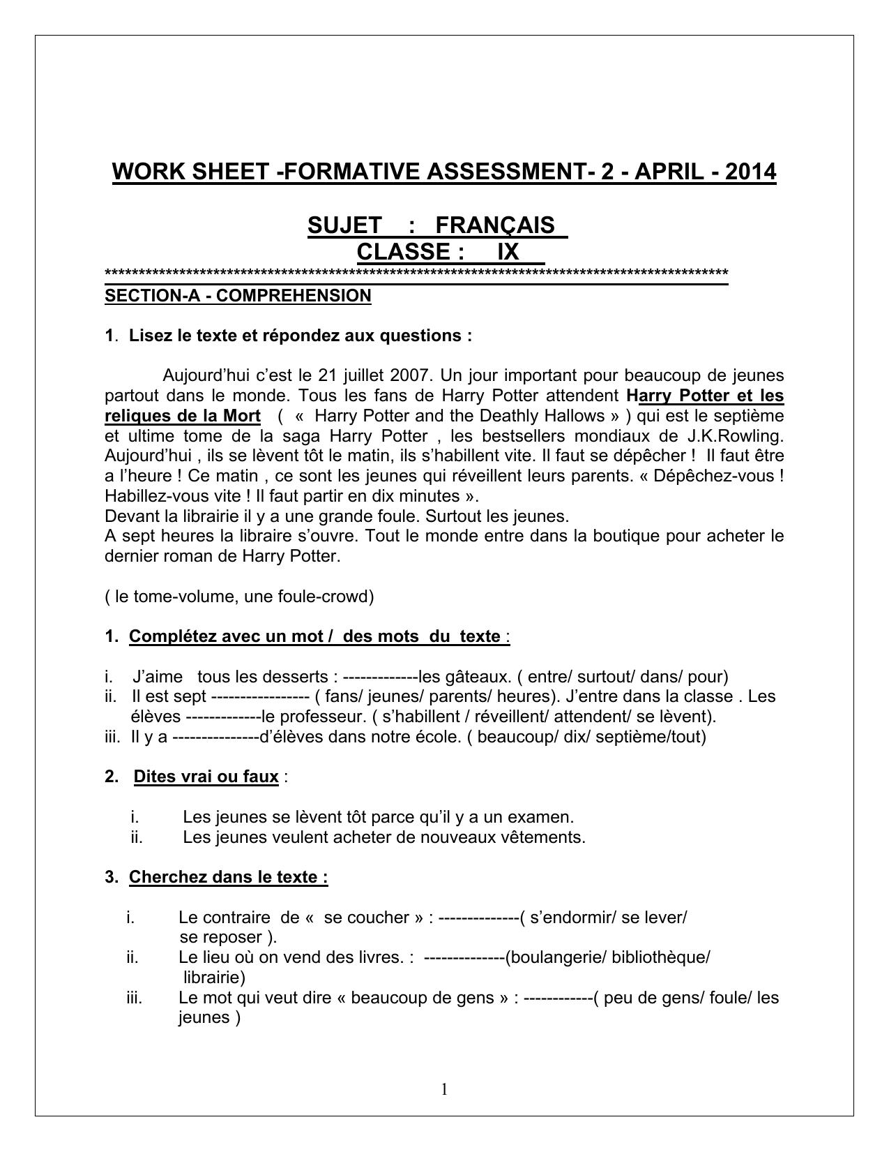 CBSE Worksheets for Class 9 French Assignment 3 - Page 1