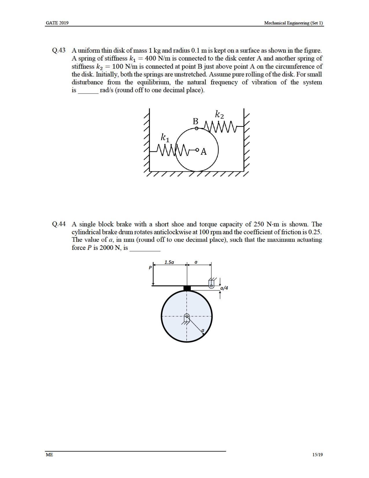 GATE 2019 Mechanical Engineering (ME) Question Paper - Page 19