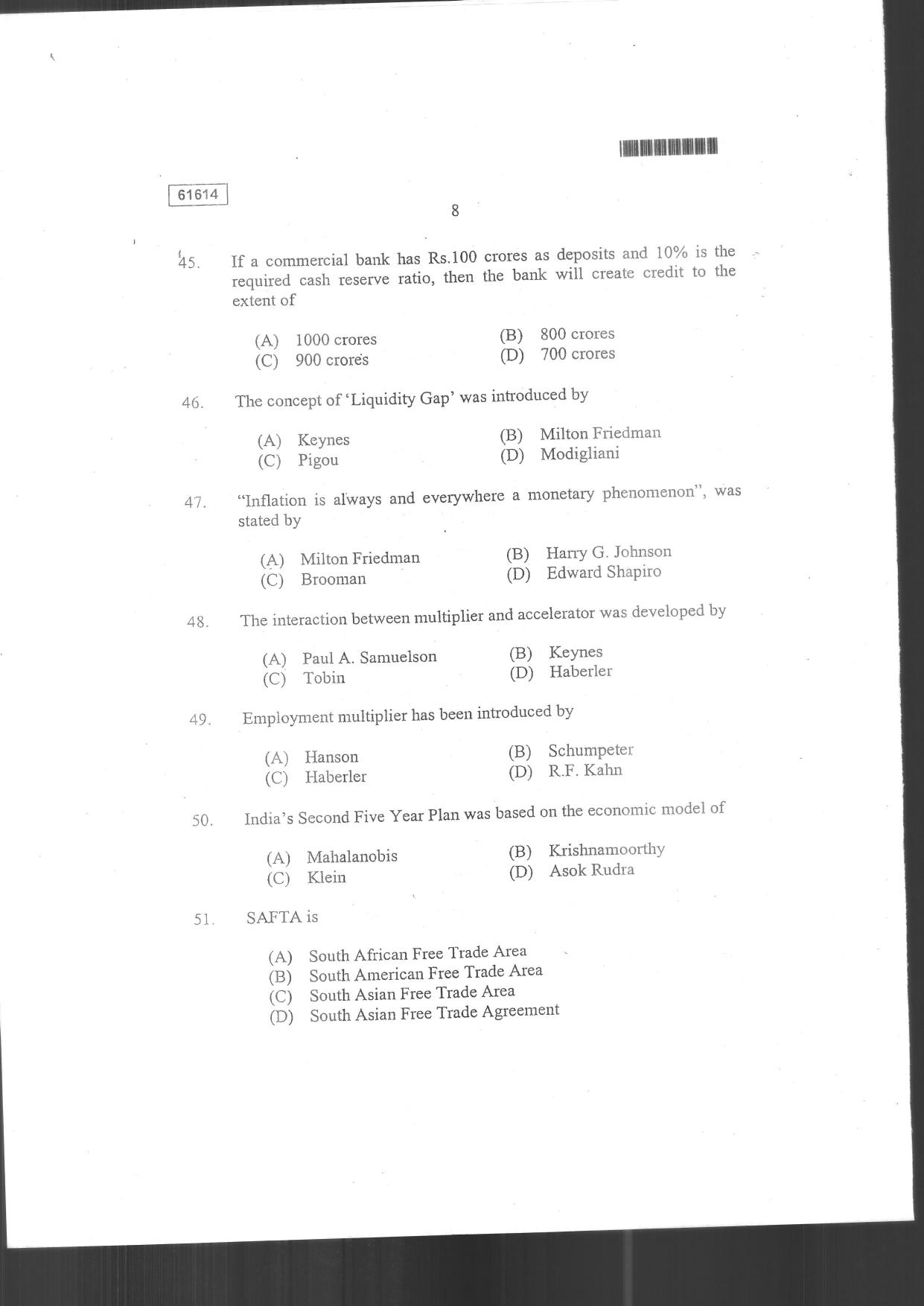 CUSAT CAT 2014 Applied Economics Question Paper - Page 8