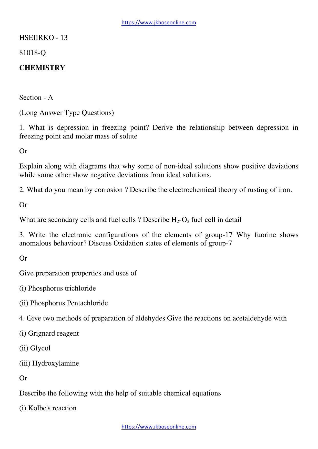 JKBOSE Class 12 Chemistry Question Papers 2013 (81018-Q-V2) - Page 1