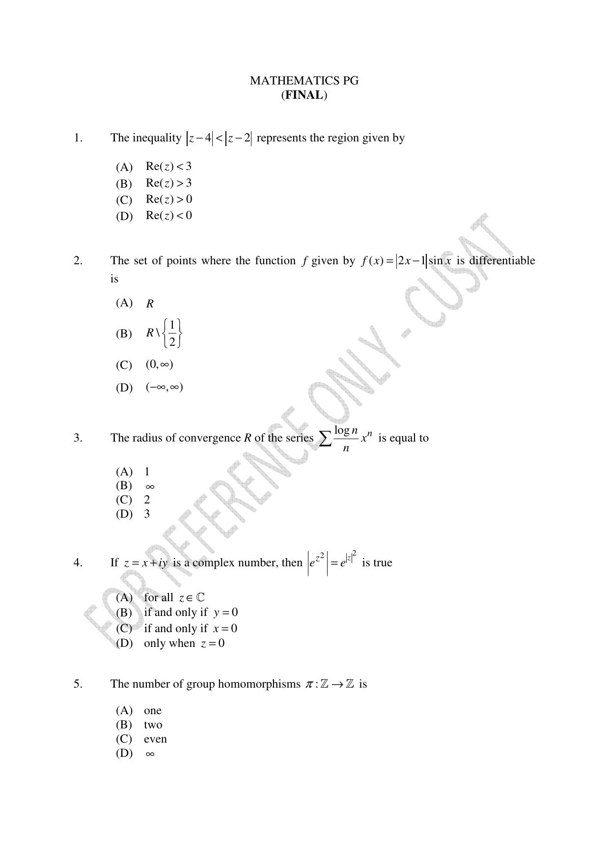 CUSAT CAT 2023 MATHEMATICS PG Question Paper - Page 1
